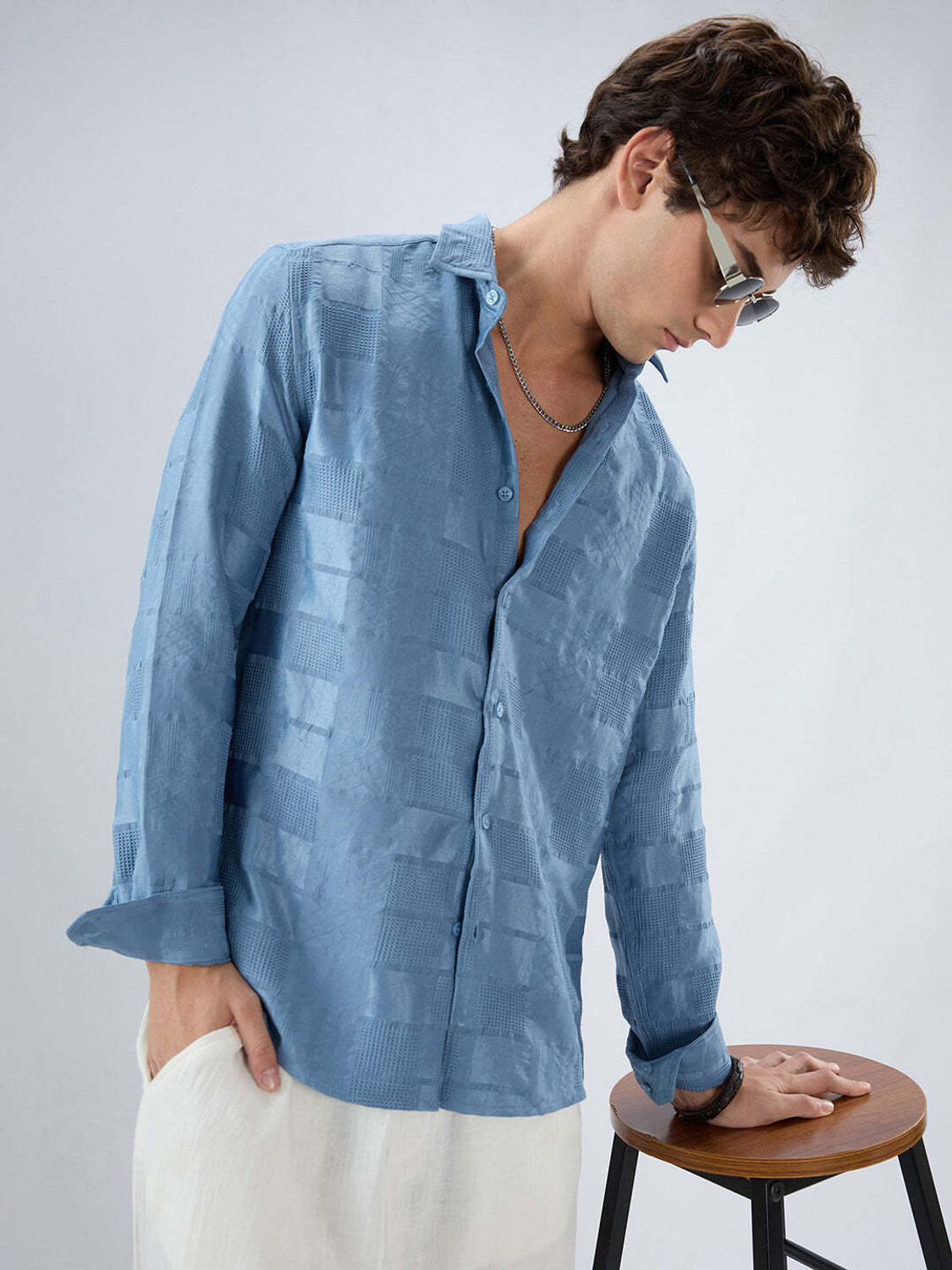 Image of VASTRADO Men Self Design Casual Blue Shirt
