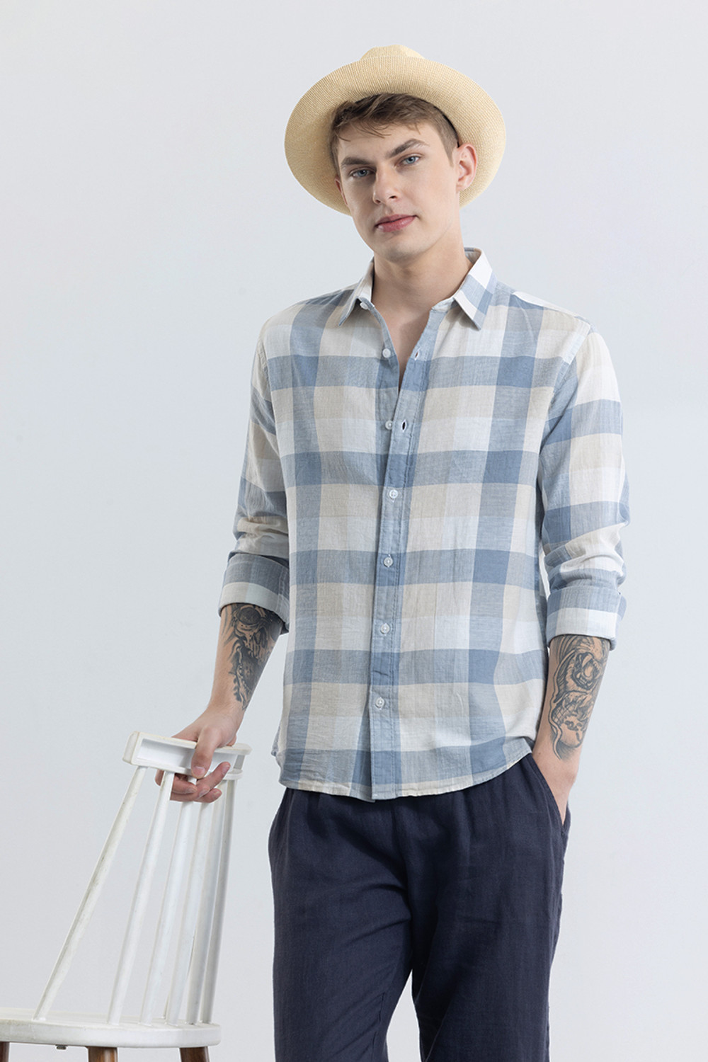 Image of Snitch Men Checkered Casual Light Blue Shirt