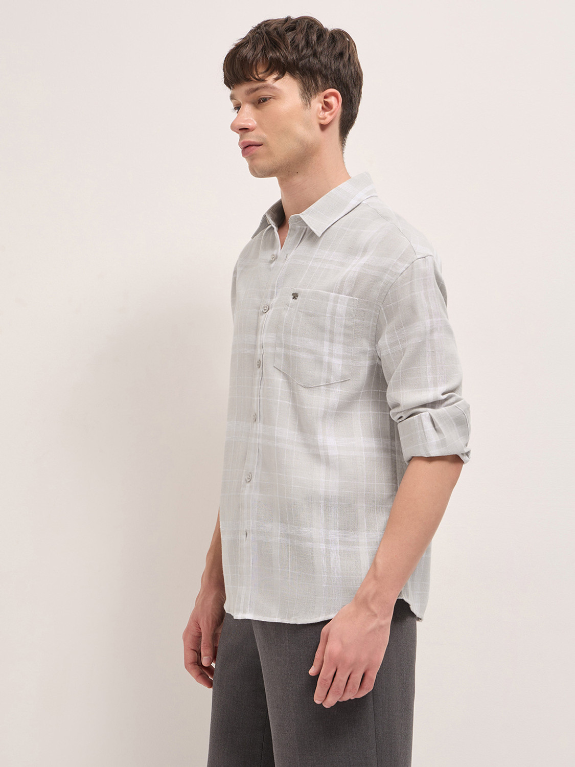 Image of THE BEAR HOUSE Men Checkered Casual Grey Shirt