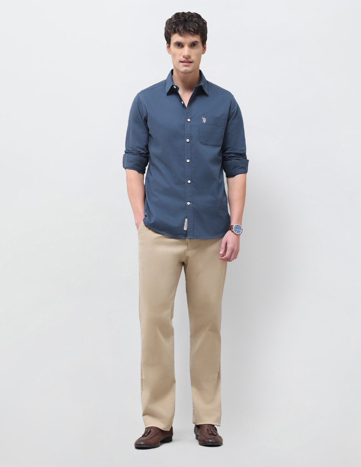 Image of U.S. Polo Assn. Denim Co. Men Solid Casual Blue Shirt