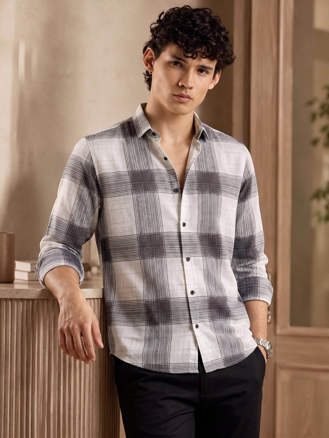 Image of Solbiza Men Checkered Casual White, Black Shirt