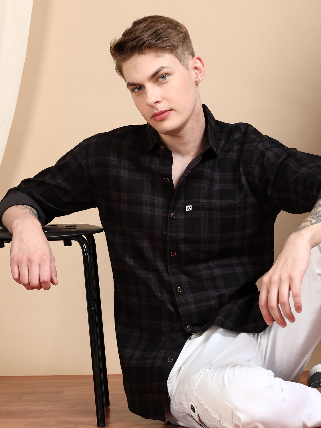 Image of ALLWIN PAUL Men Checkered Casual Black Shirt