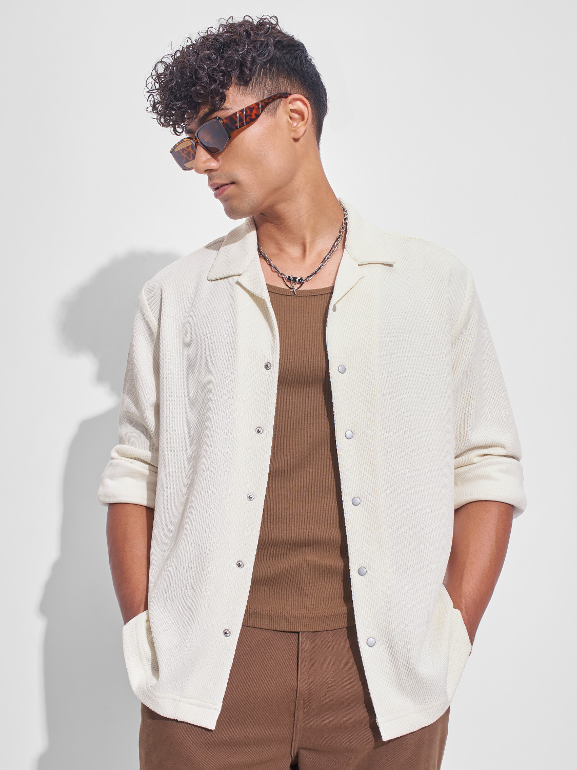 Image of HIGHLANDER Men Self Design Casual Cream Shirt