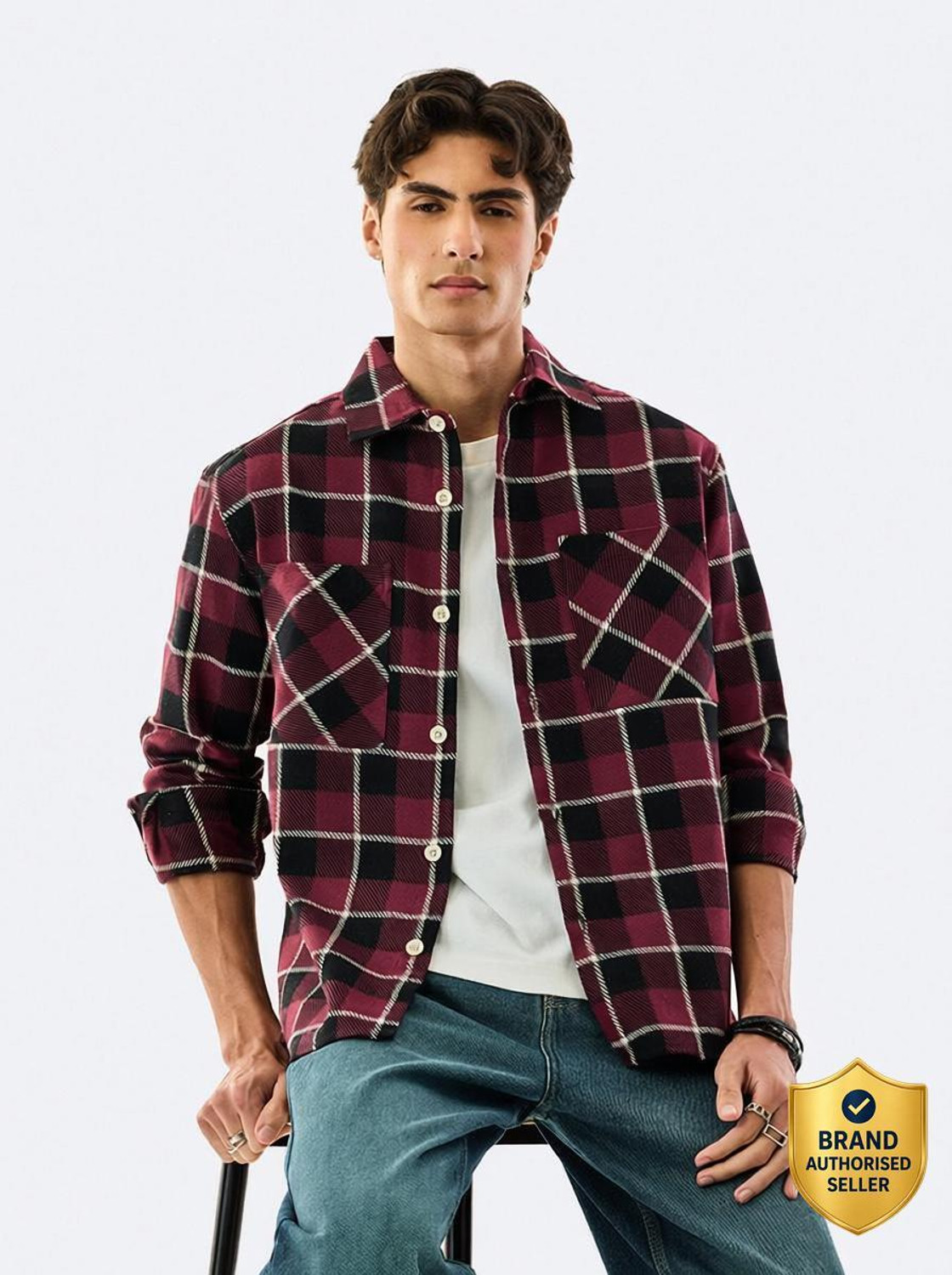Image of Snitch Men Checkered Casual Maroon Shirt