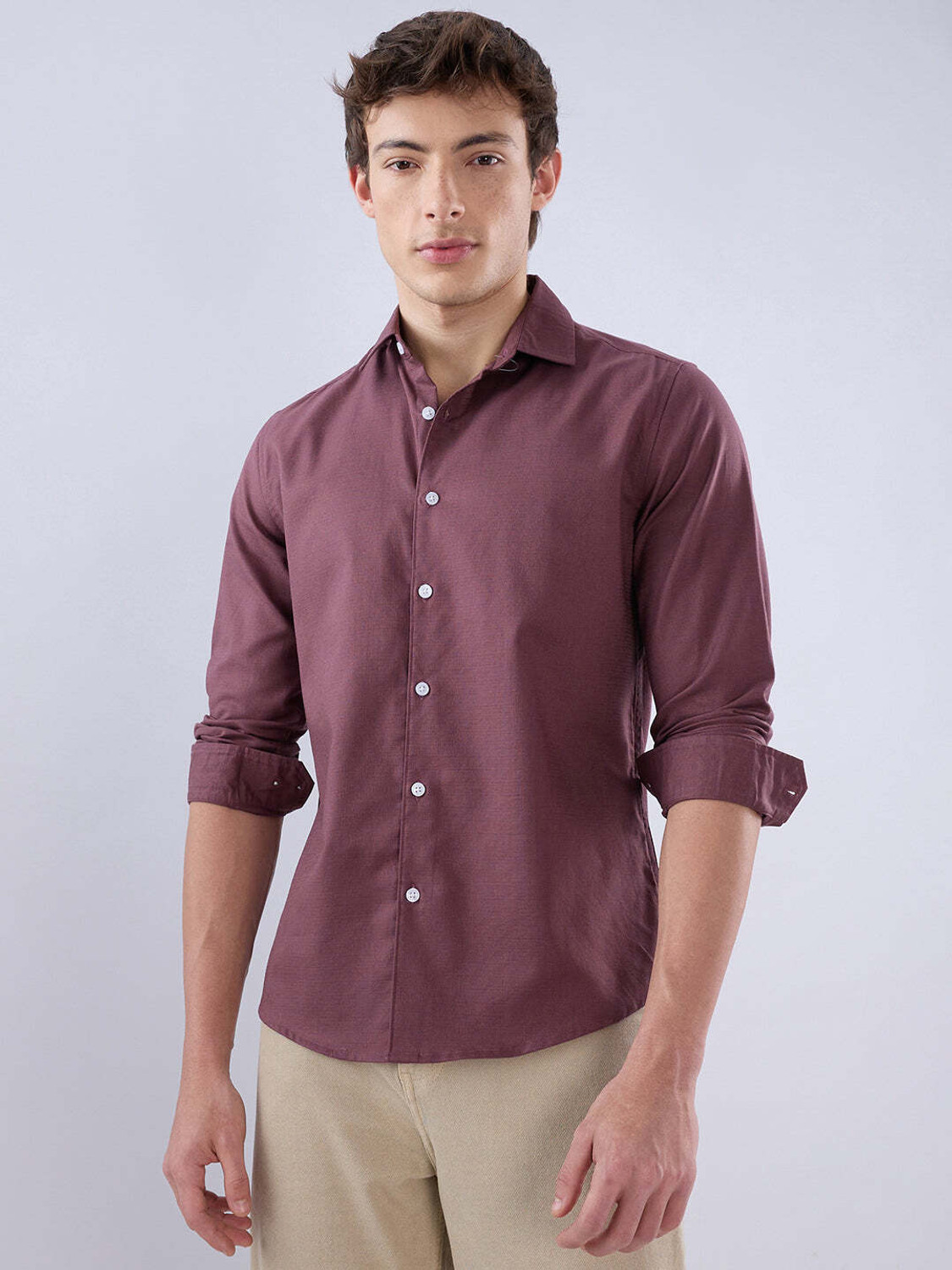 Image of VASTRADO Men Regular Fit Solid Cut Away Collar Casual Shirt