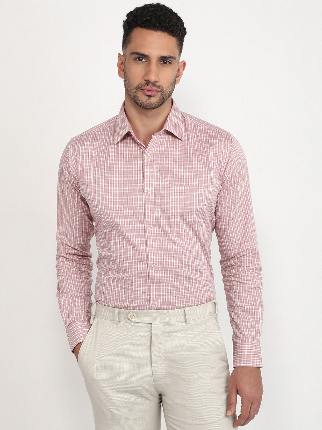 Image of Raymond Men Checkered Formal Pink, White Shirt
