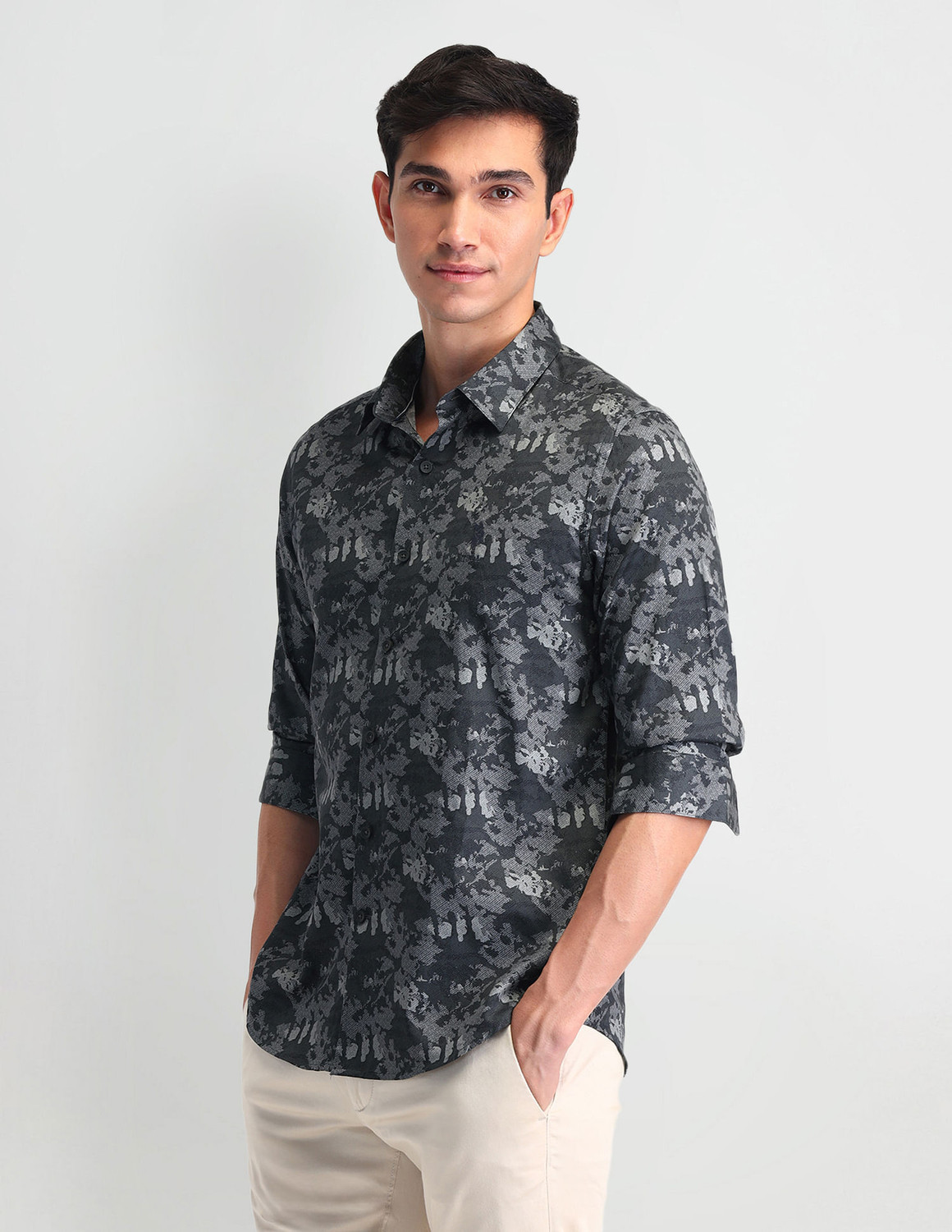 Image of U.S. POLO ASSN. Men Slim Fit Self Design Spread Collar Casual Shirt