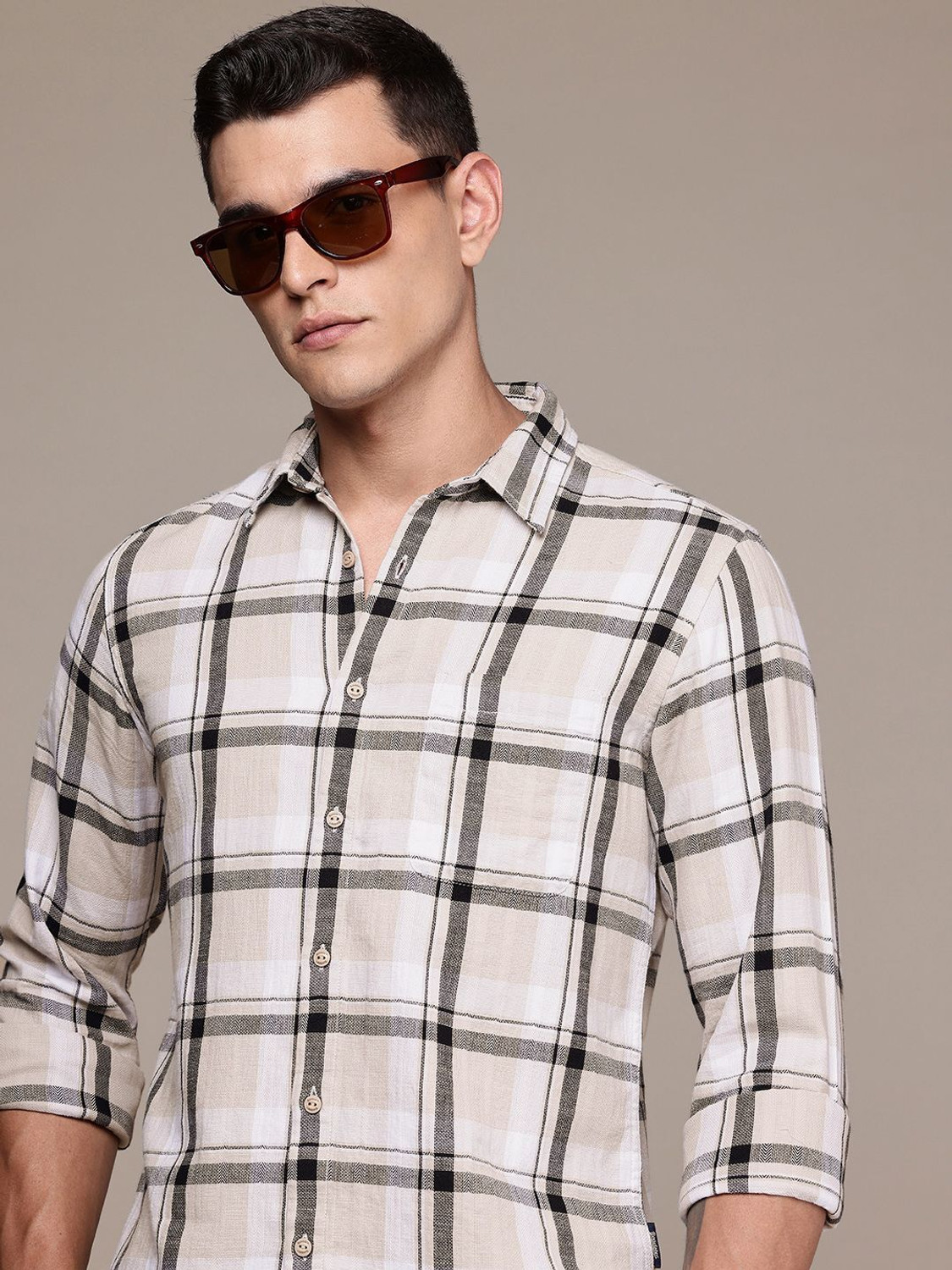 Image of Roadster Men Checkered Casual Beige Shirt
