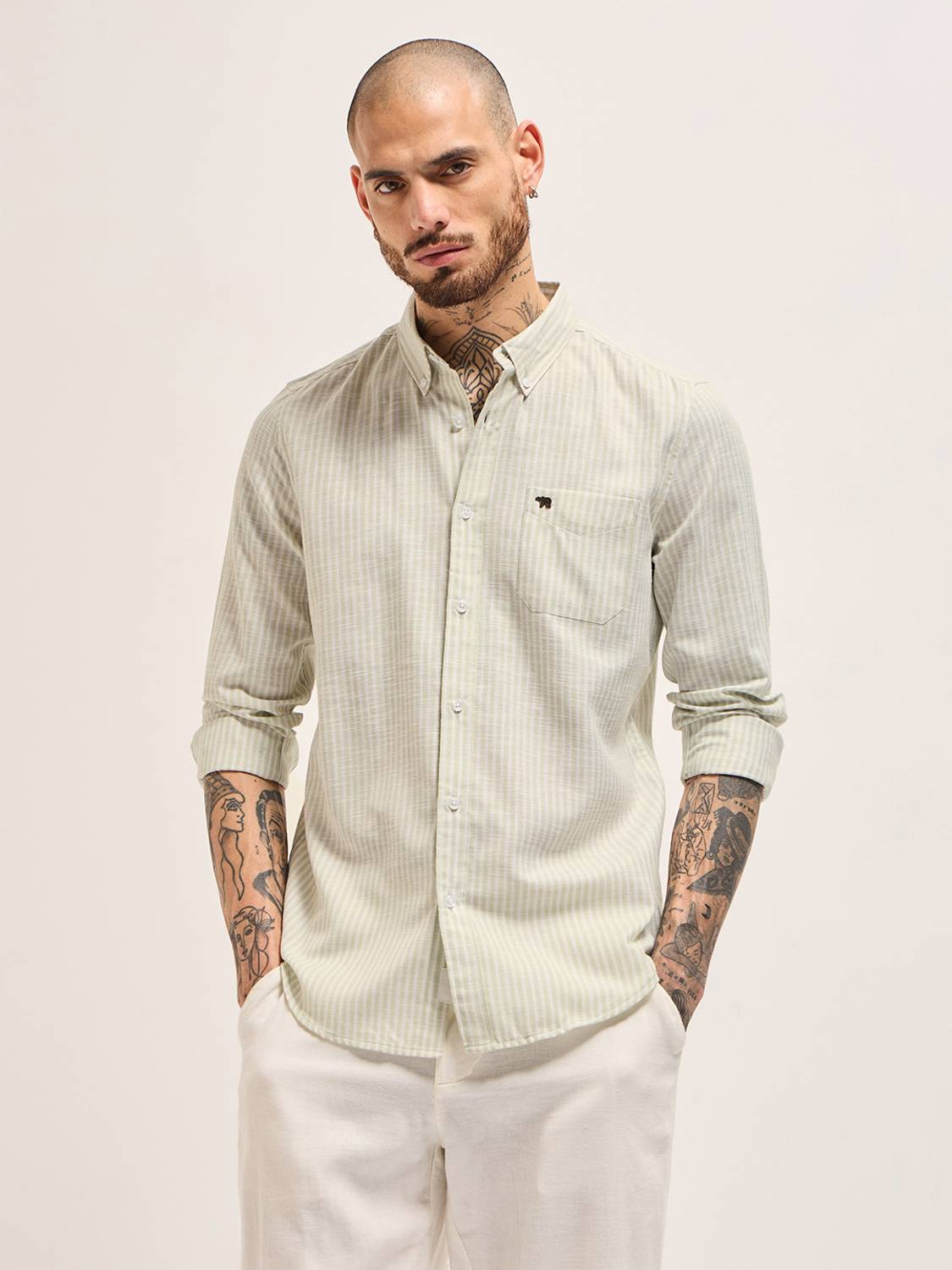 THE BEAR HOUSE Men Striped Casual Green, White Shirt