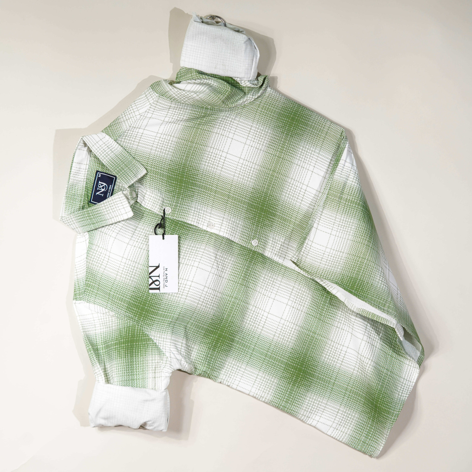 Image of N AND J Men Checkered Casual Light Green, White Shirt