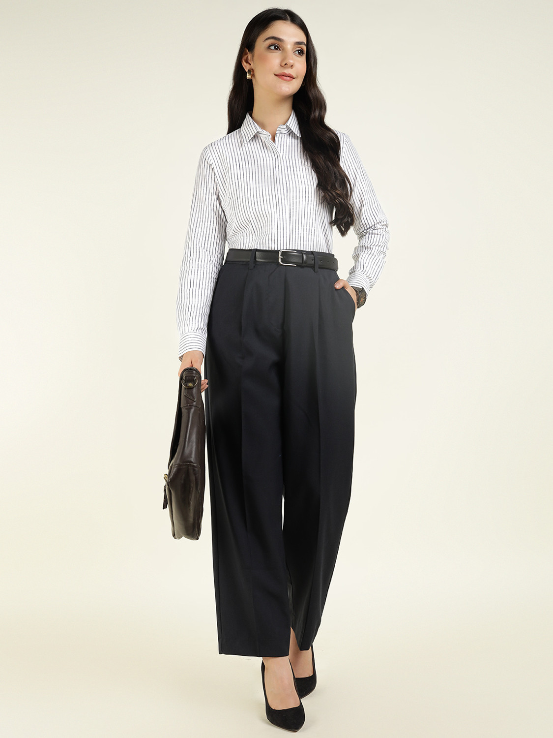 Image of Hancock Women Striped Formal White Shirt