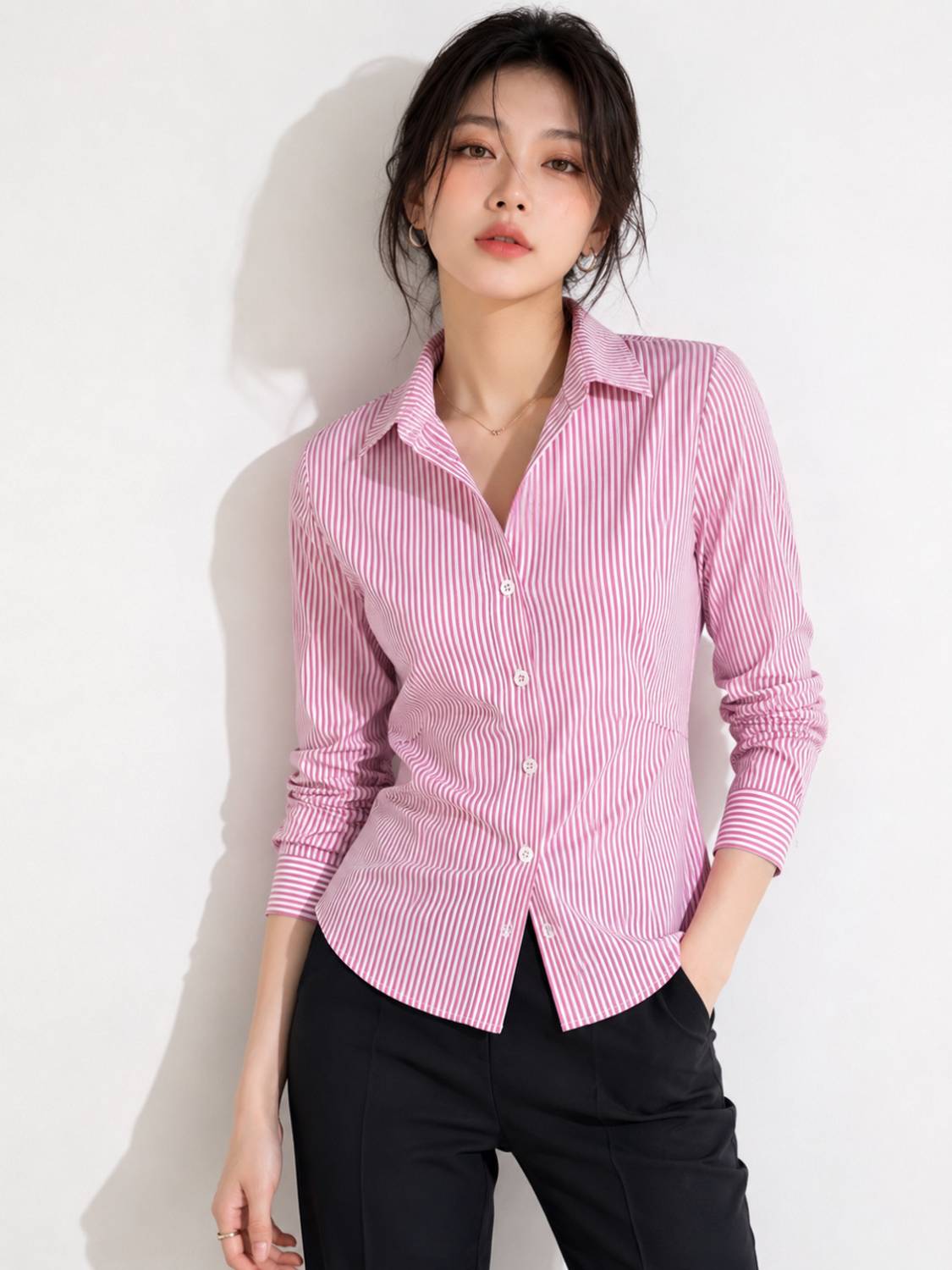 HappyBestie Women Pink, White Striped Shirt - Image 1