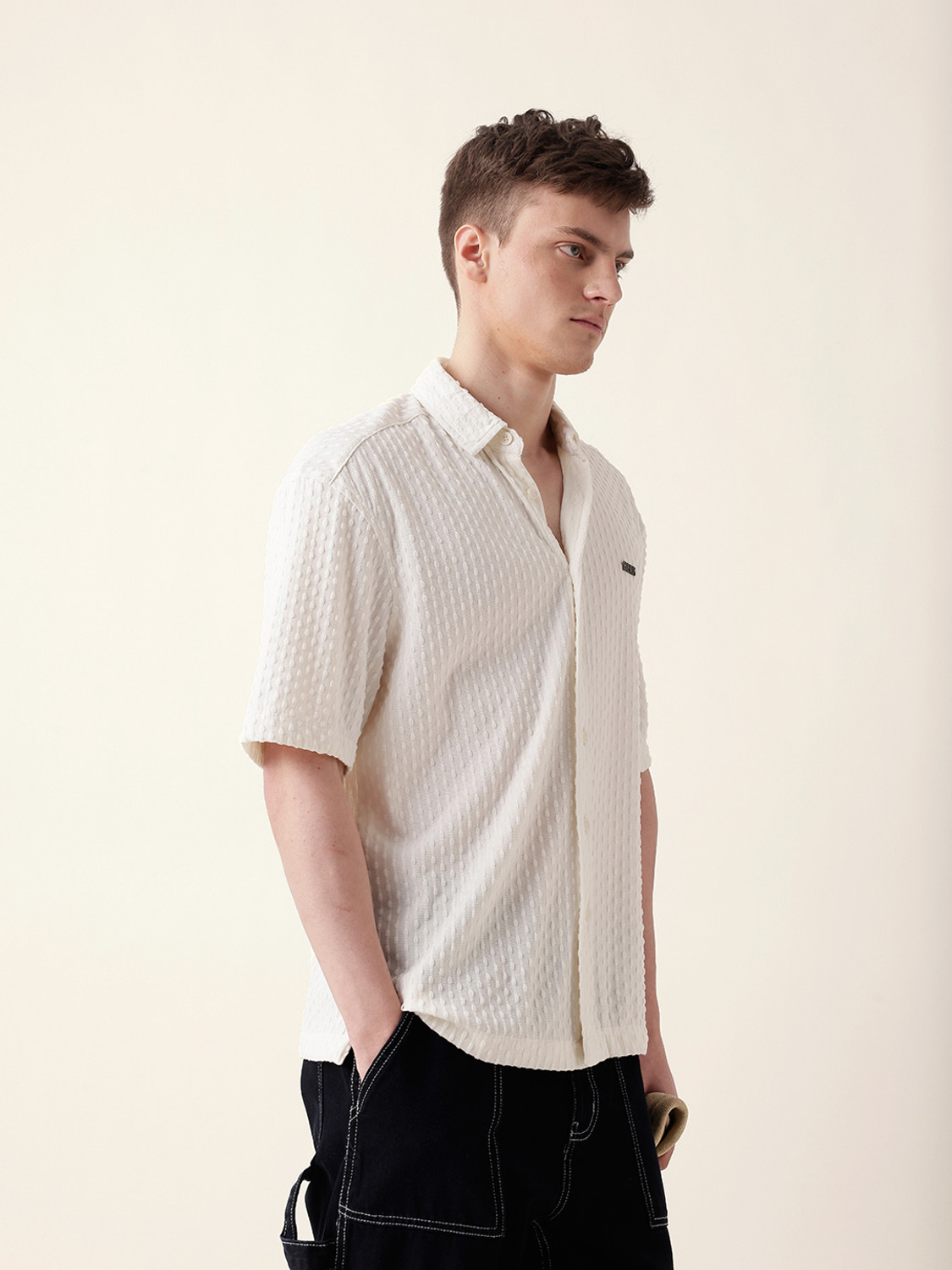 Image of THE BEAR HOUSE Men Self Design Casual White Shirt