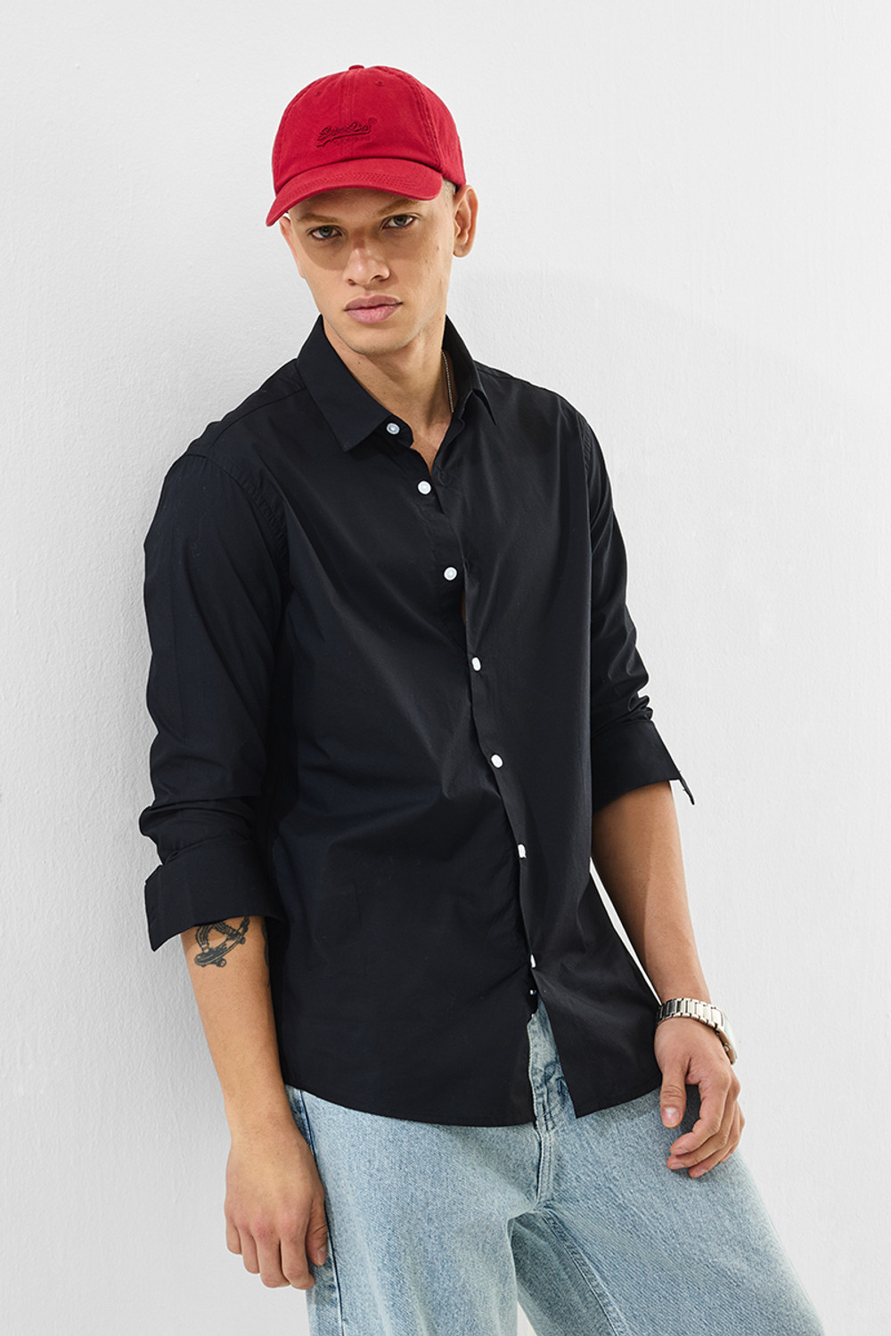Image of Snitch Men Solid Casual Black Shirt