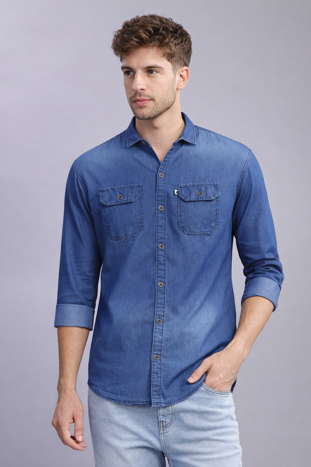 Image of AIDAN PAUL Men Washed Casual Blue Shirt
