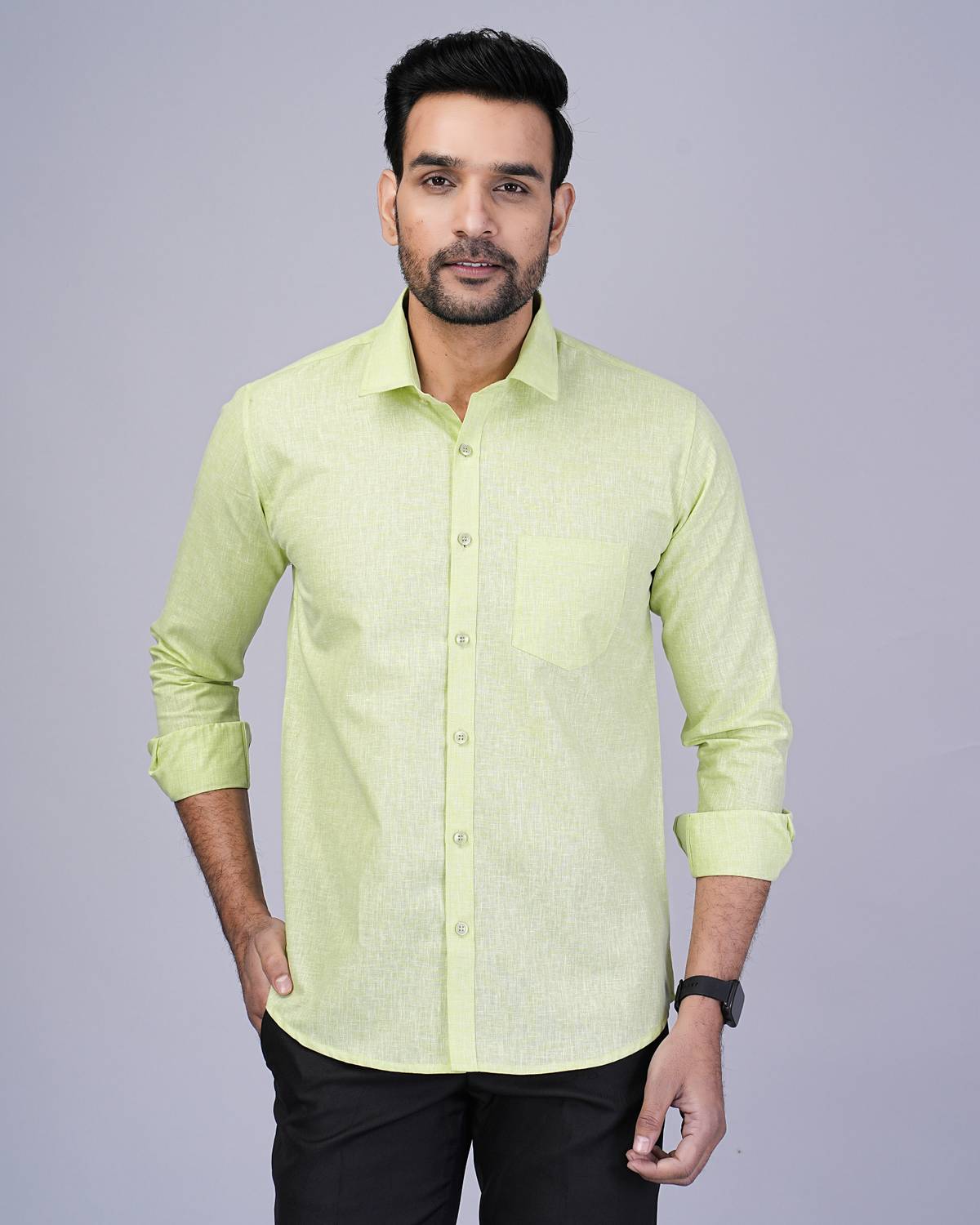 CottonMS Men Solid Casual Light Green Shirt
