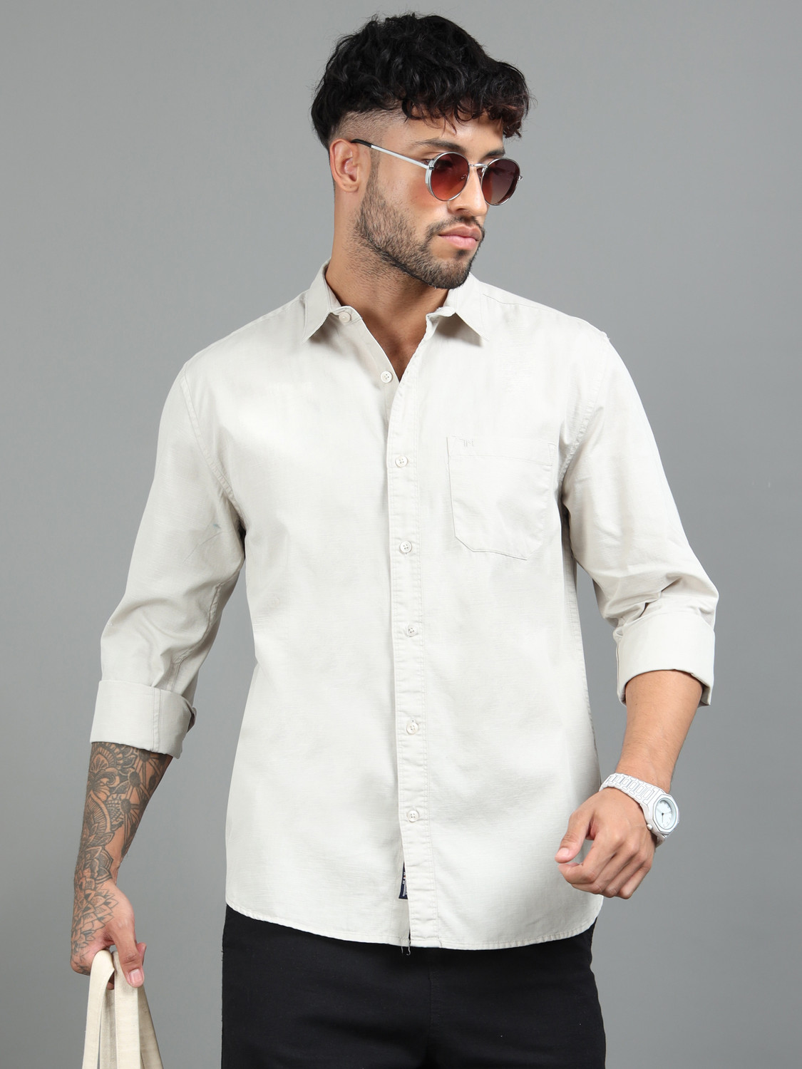 Image of Tom Mackler Men Solid Casual Cream Shirt
