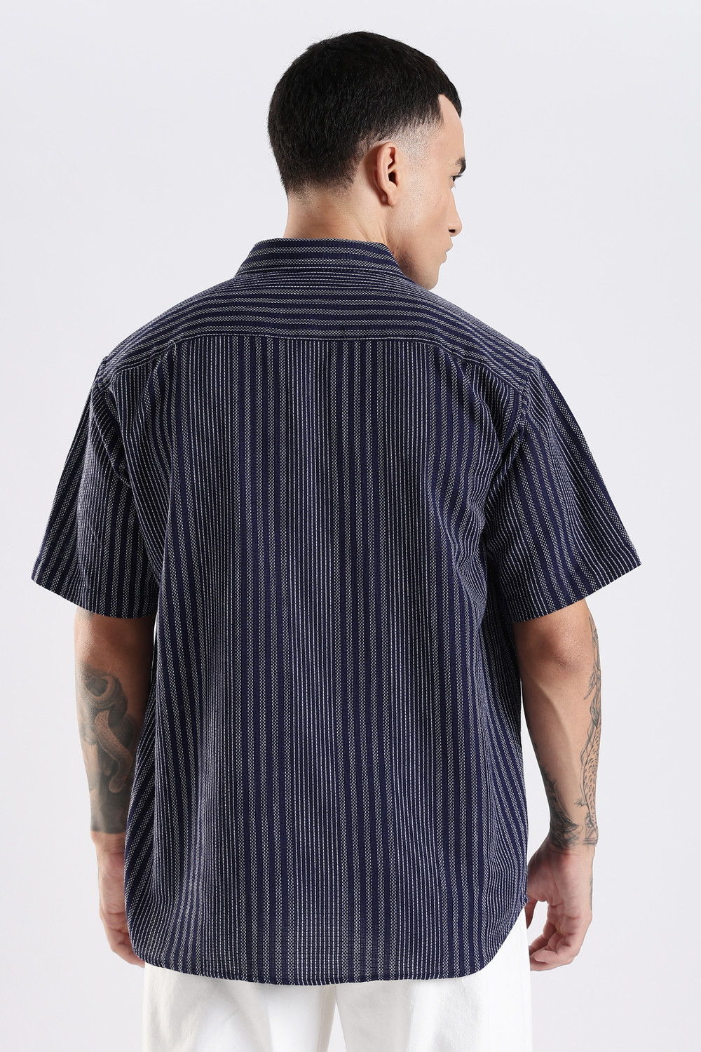 Image of ADRO Men Striped Casual Dark Blue Shirt