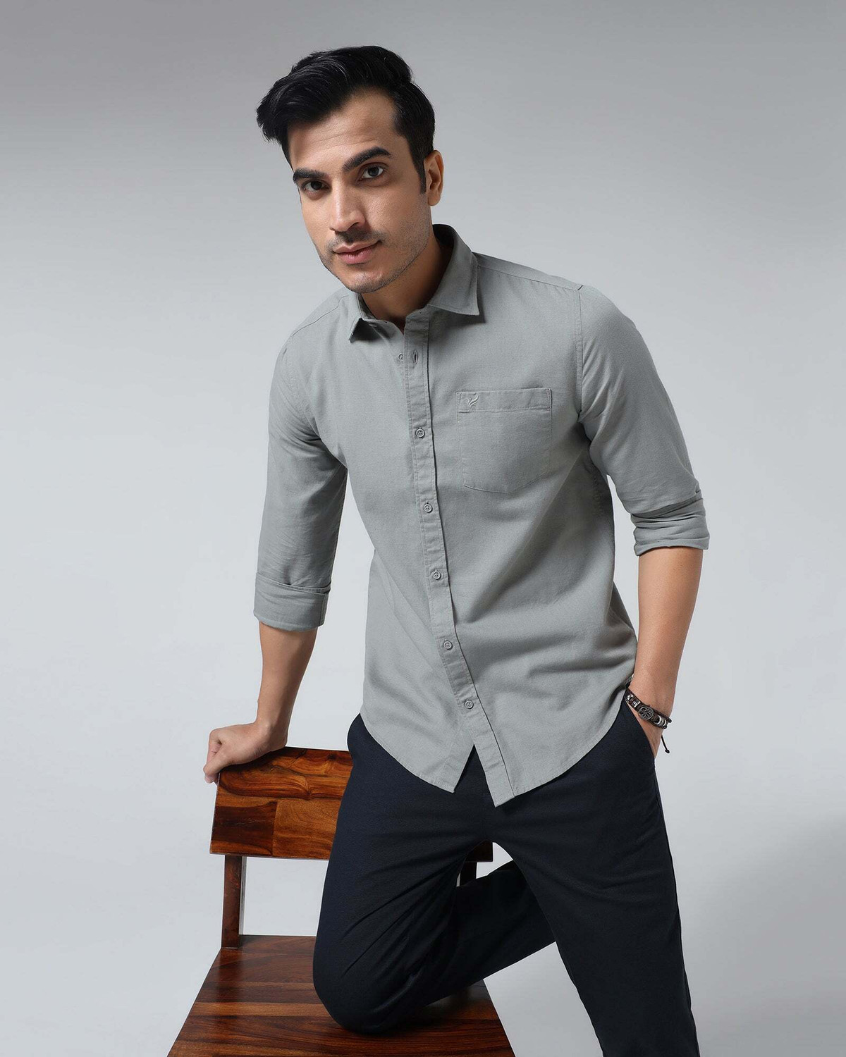 Image of Blackberrys Men Solid Casual Grey Shirt