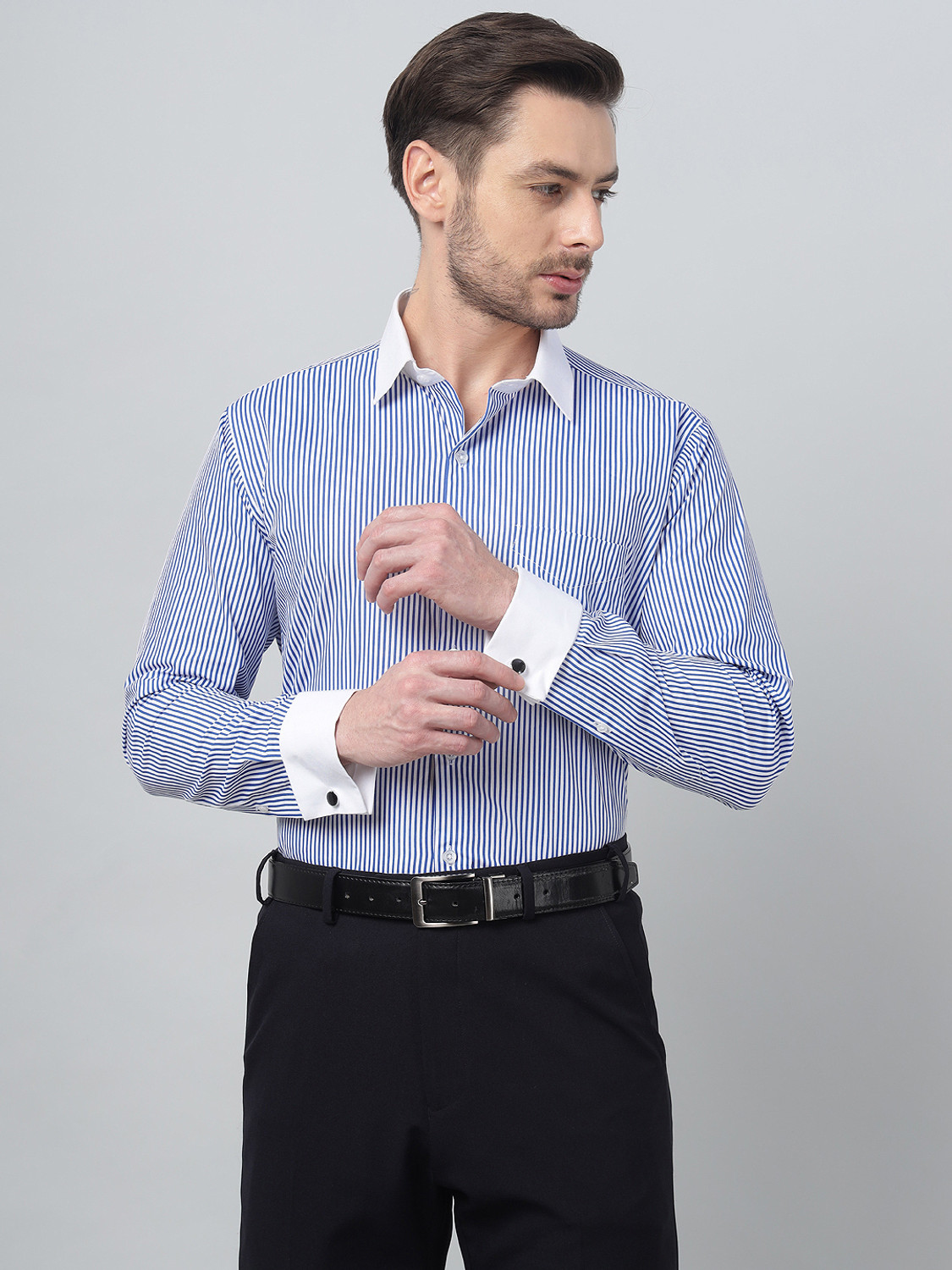 Image of Hancock Men Striped Formal White Shirt