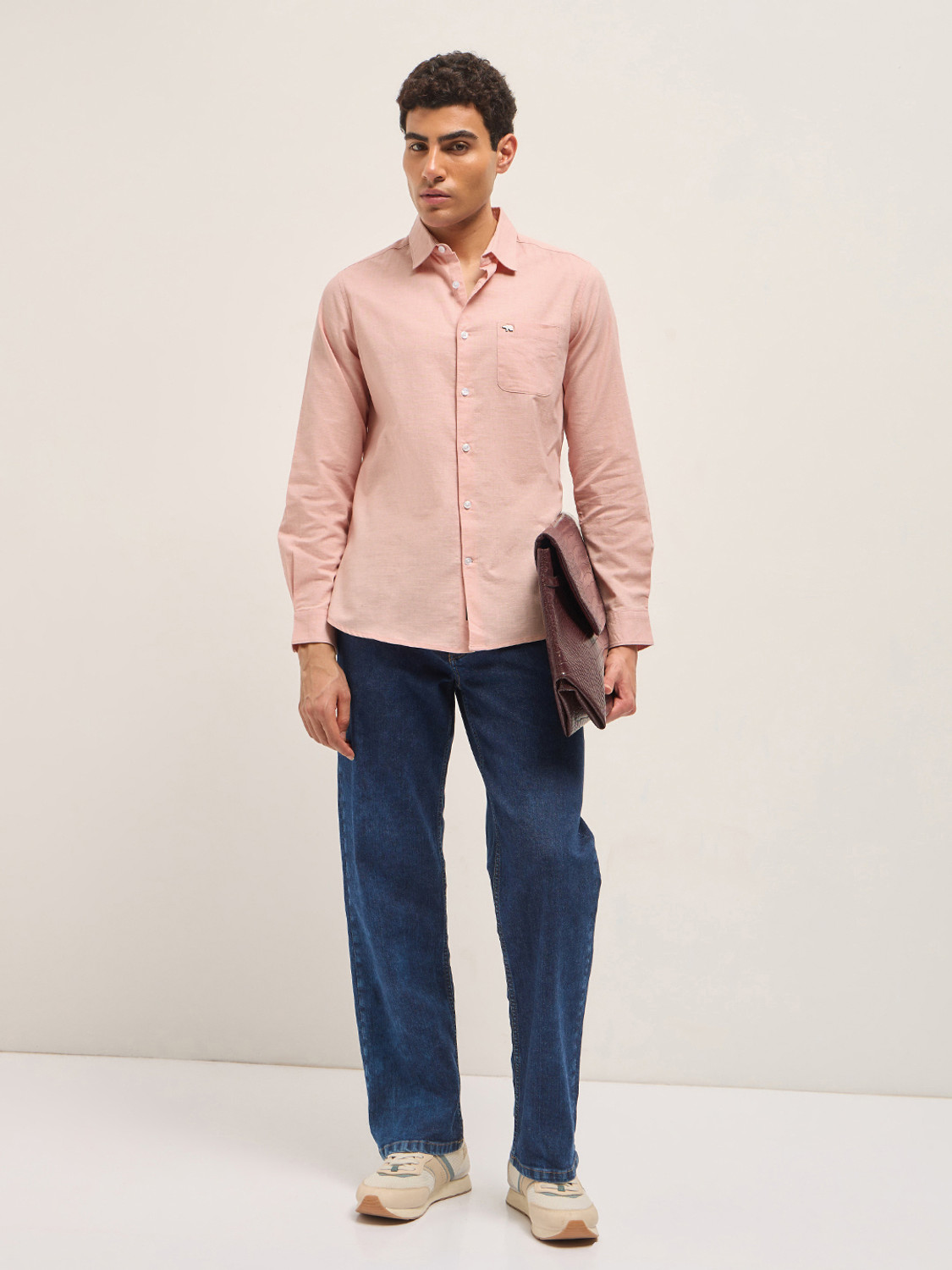 Image of THE BEAR HOUSE Men Solid Casual Pink Shirt