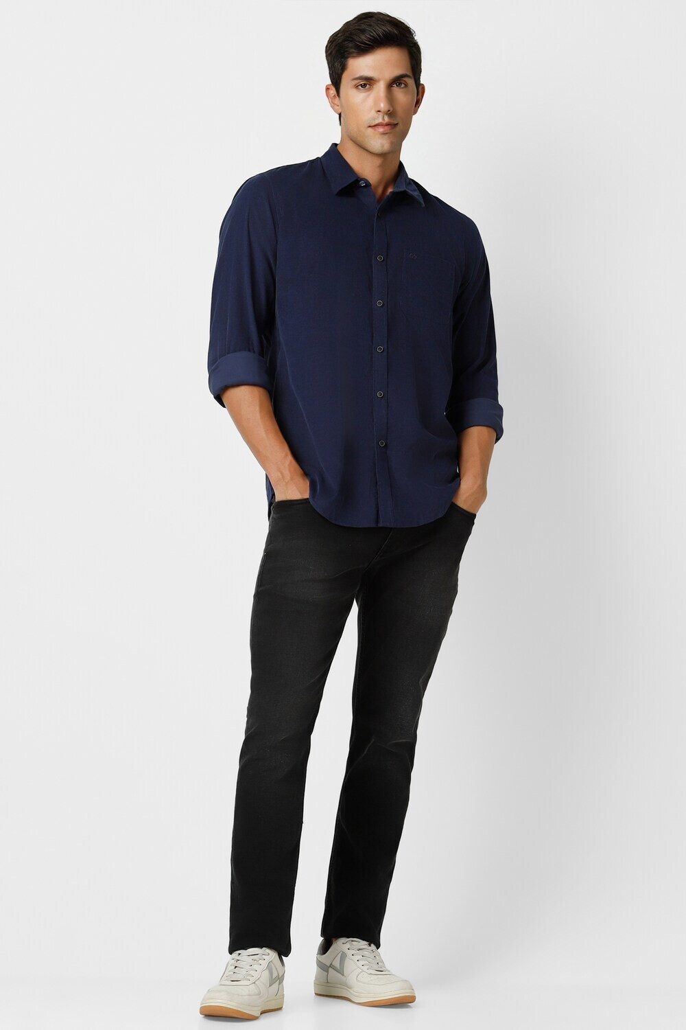 Image of PETER ENGLAND Men Solid Casual Dark Blue Shirt