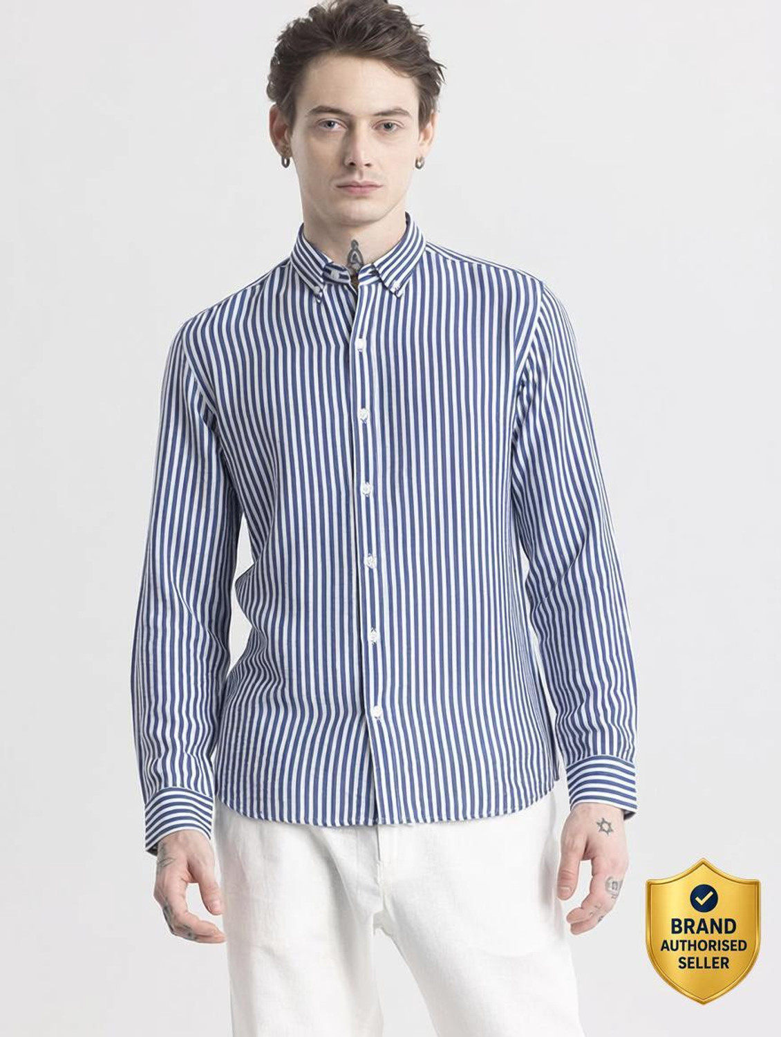 Snitch Men Striped Casual Blue Shirt