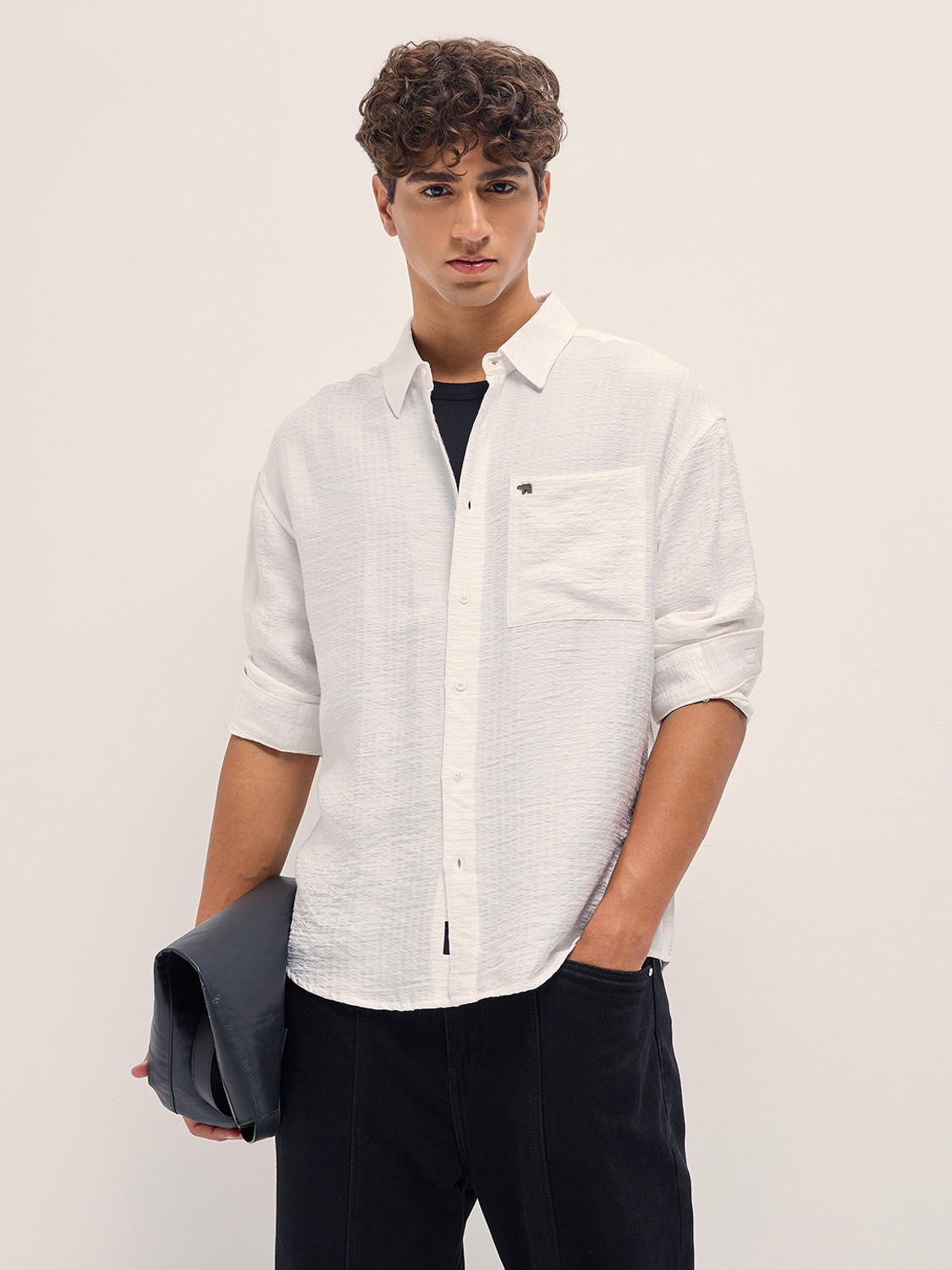 Image of THE BEAR HOUSE Men Self Design Casual White Shirt