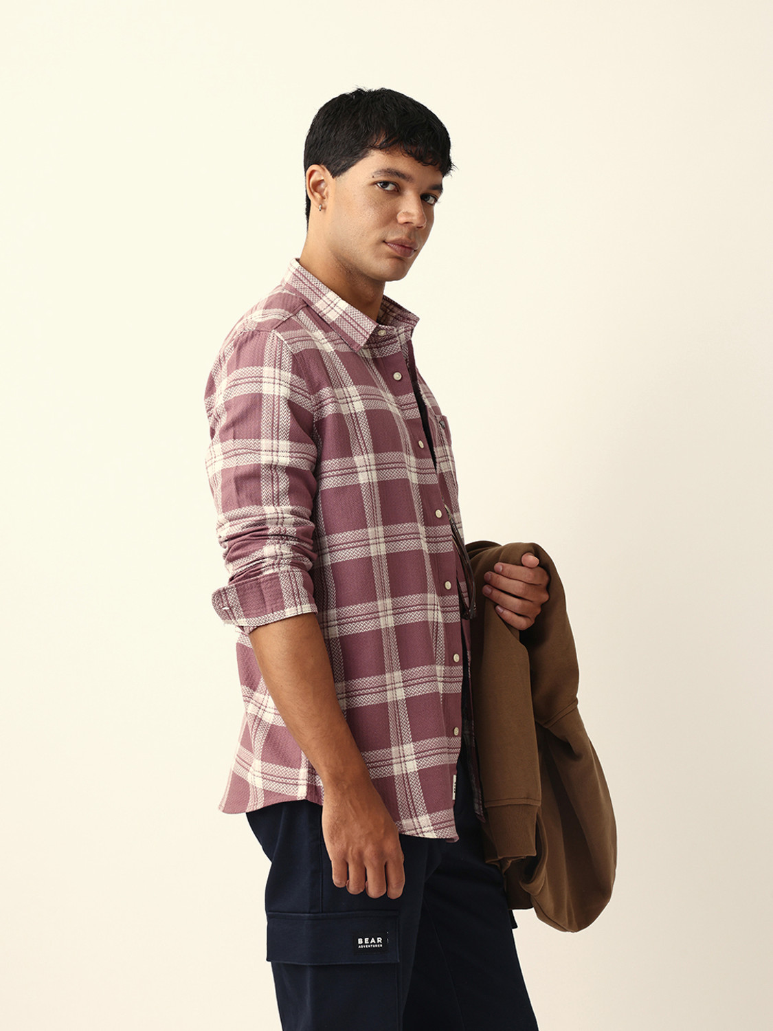 Image of THE BEAR HOUSE Men Checkered Casual Purple, White Shirt