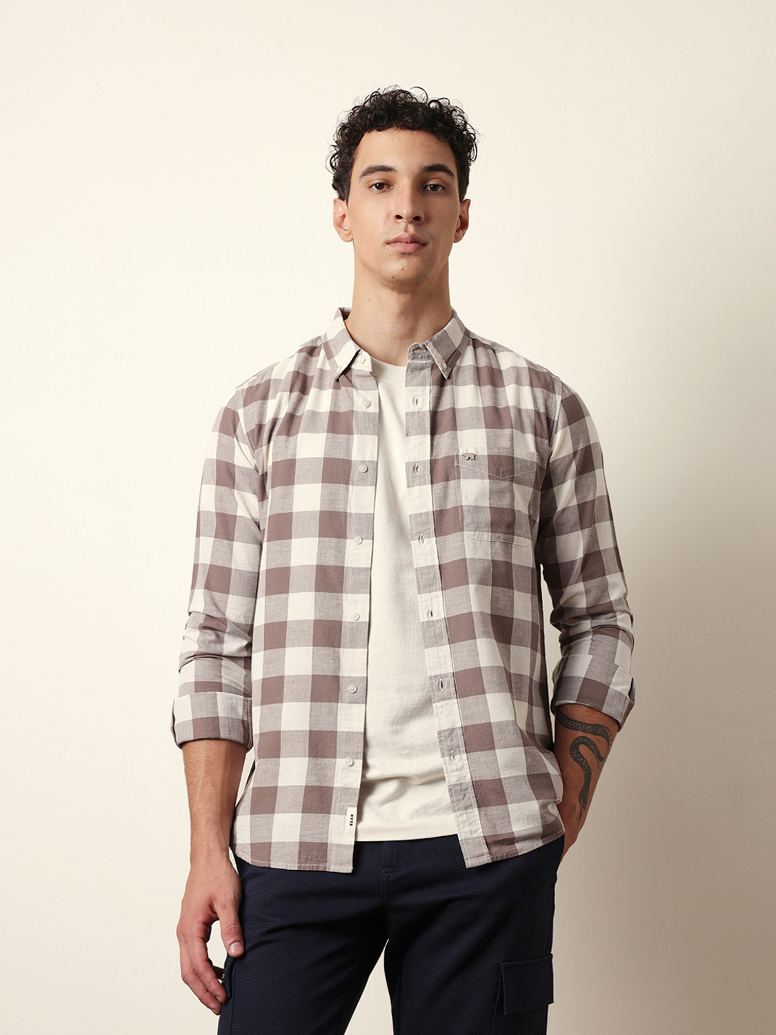 Image of THE BEAR HOUSE Men Checkered Casual Brown, White Shirt