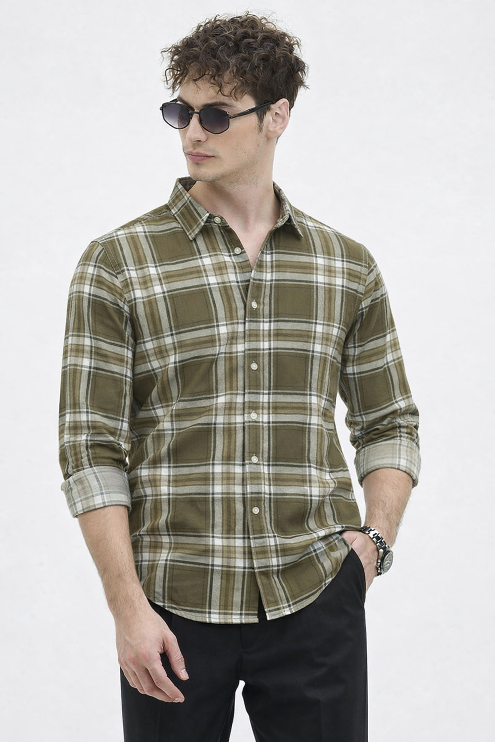 Image of U TURN Men Checkered Casual Khaki Shirt