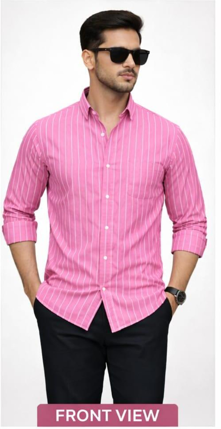 Image of Jenixstore Men Striped Casual Pink Shirt