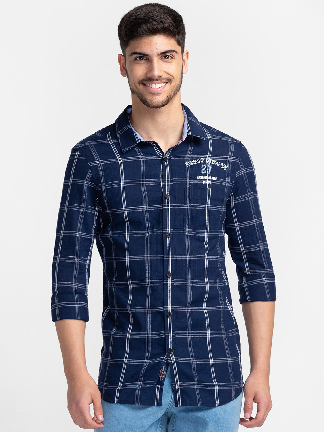 Image of BEING HUMAN Men Checkered Casual Dark Blue Shirt