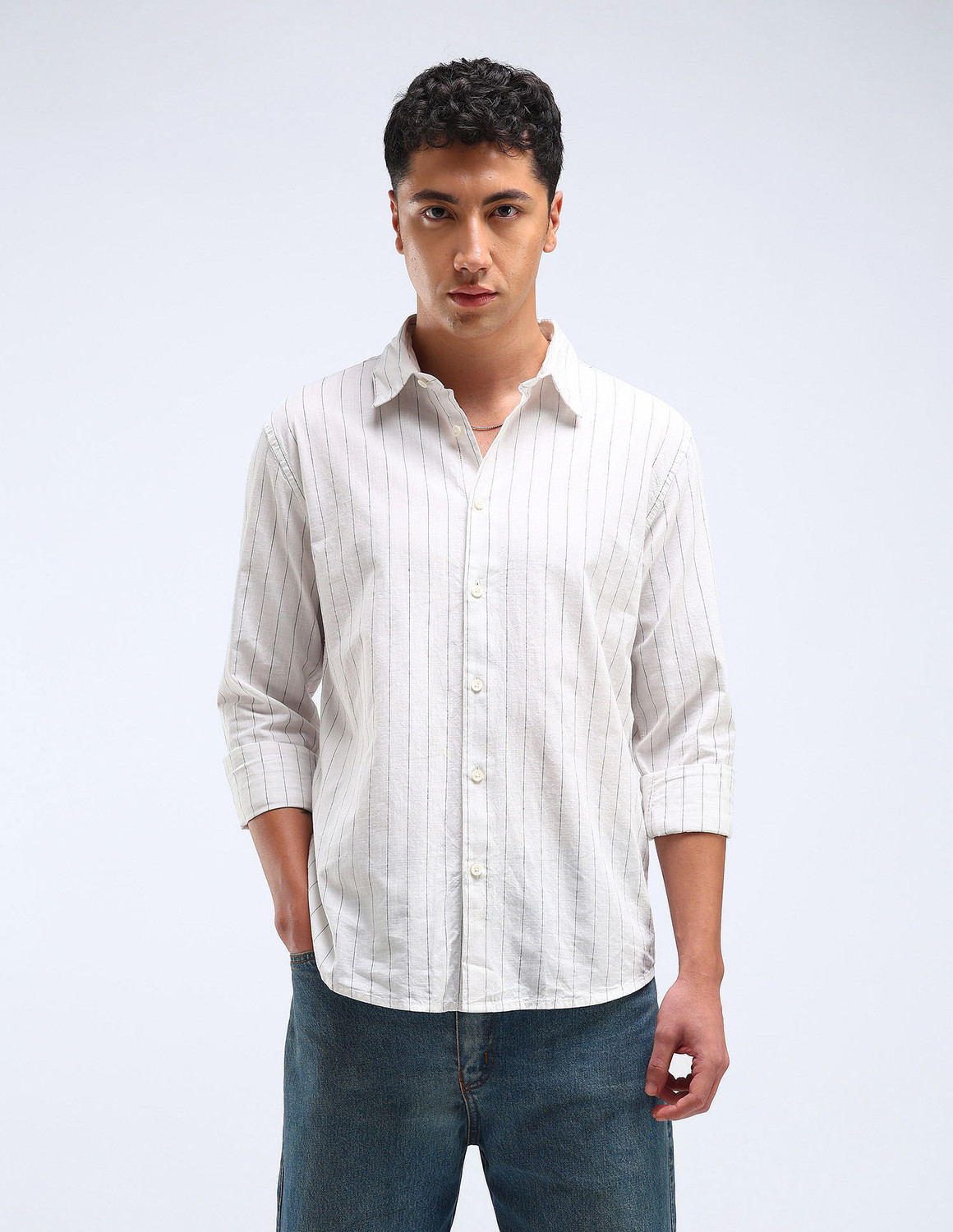 Image of FLYING MACHINE Men Striped Casual White Shirt