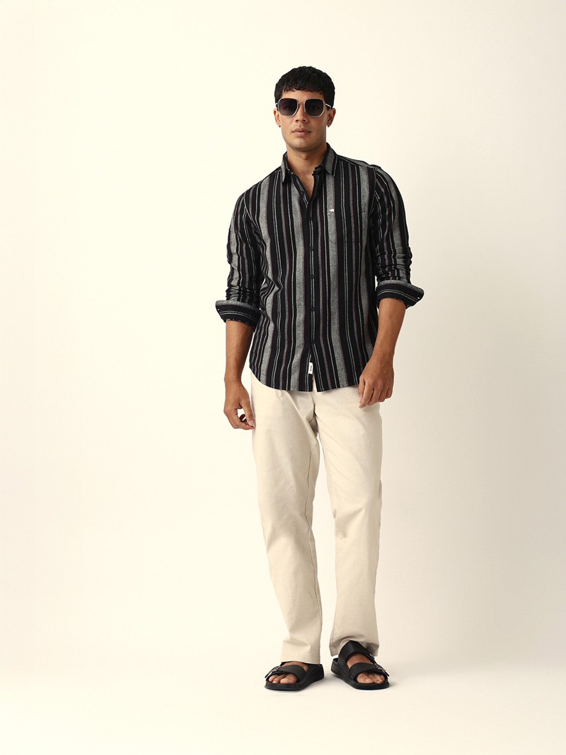 Image of THE BEAR HOUSE Men Striped Casual Black Shirt