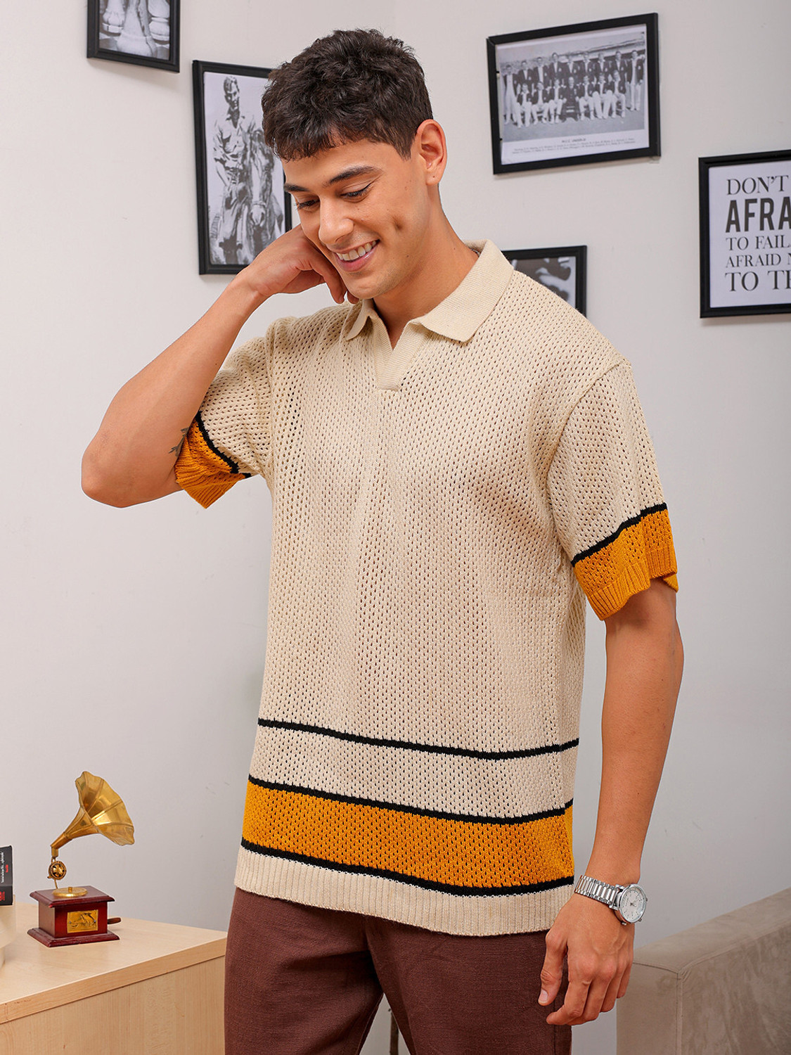 Image of The Indian Garage Co. Men Striped Casual Beige Shirt