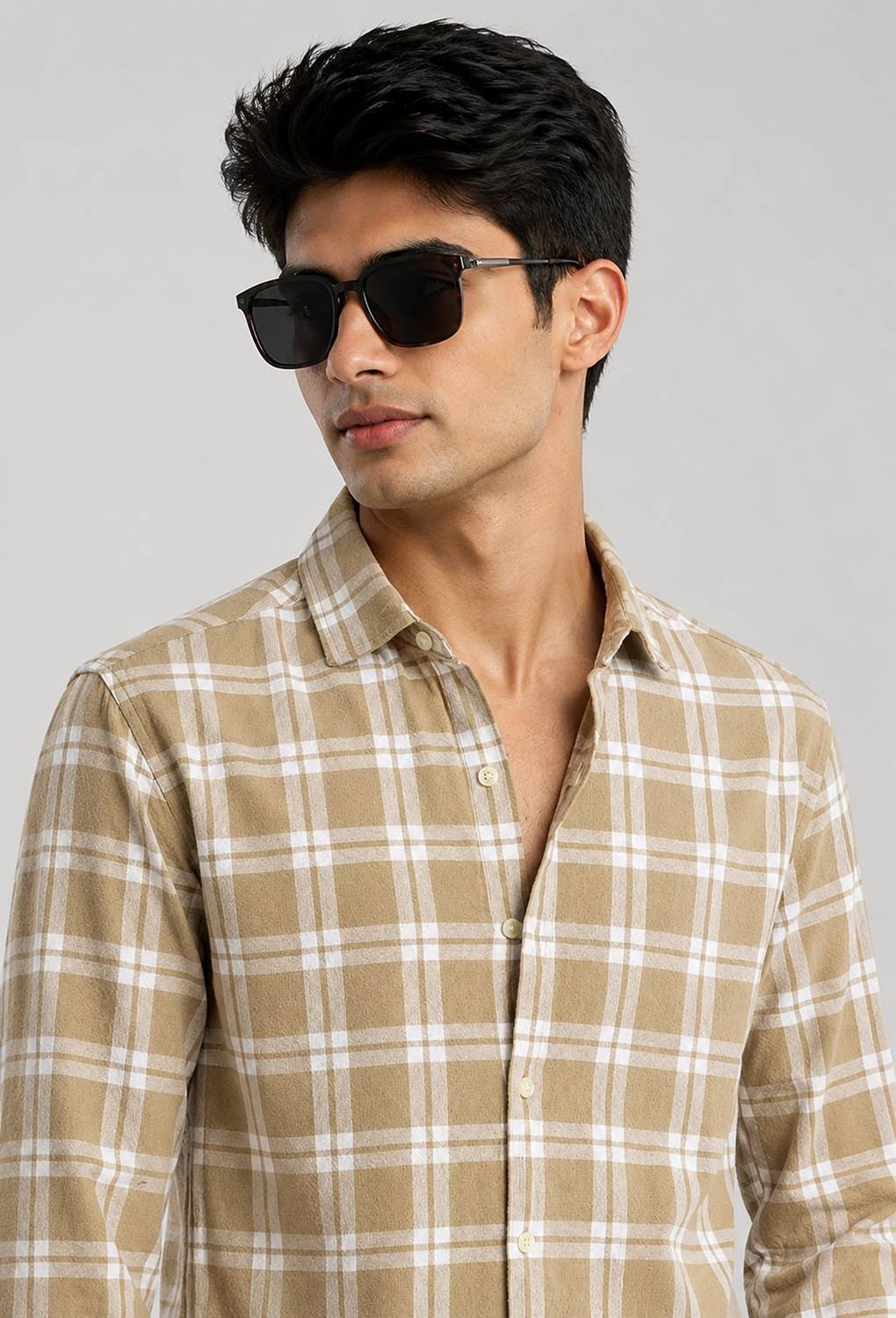 FUBAR Men Checkered Casual Beige Shirt - Image 2