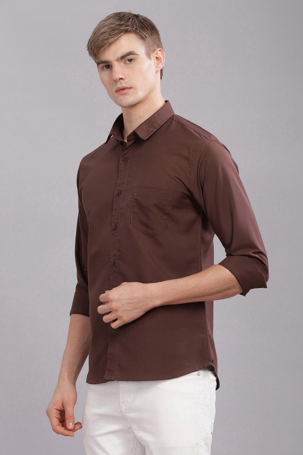 Image of Uzmax Men Solid Casual Brown Shirt