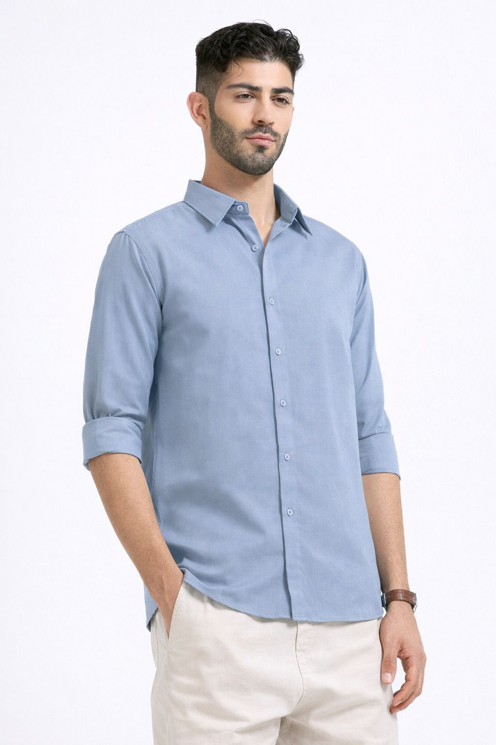 Image of WHISQ Men Solid Casual Light Blue Shirt