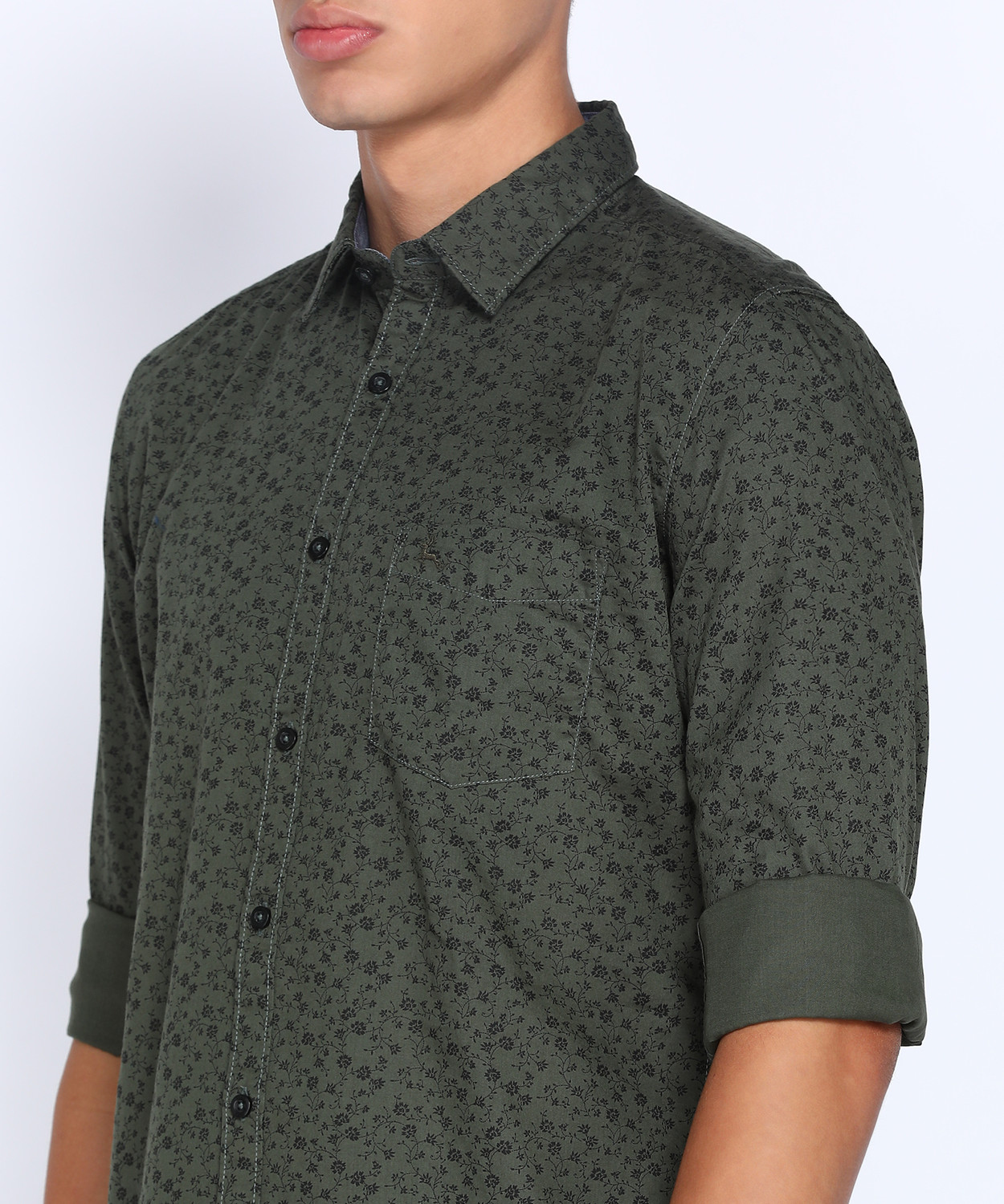 Image of PARX Men Floral Print Casual Dark Green Shirt