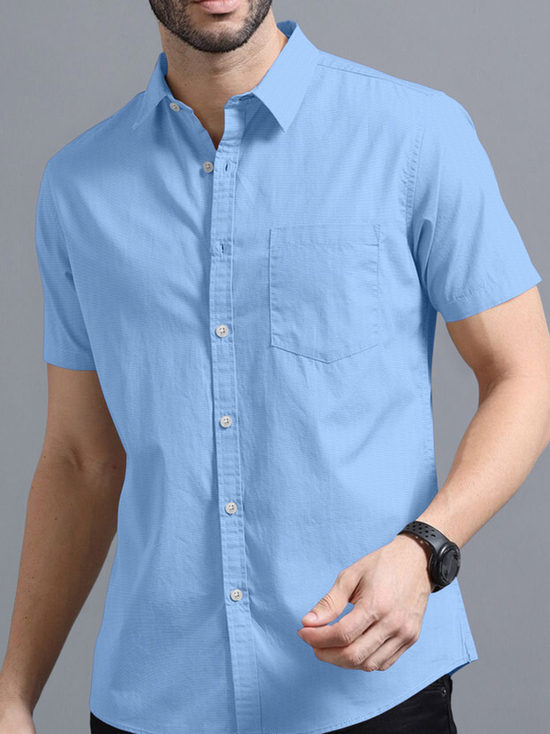 Image of Brown Deer Men Solid Casual Light Blue Shirt