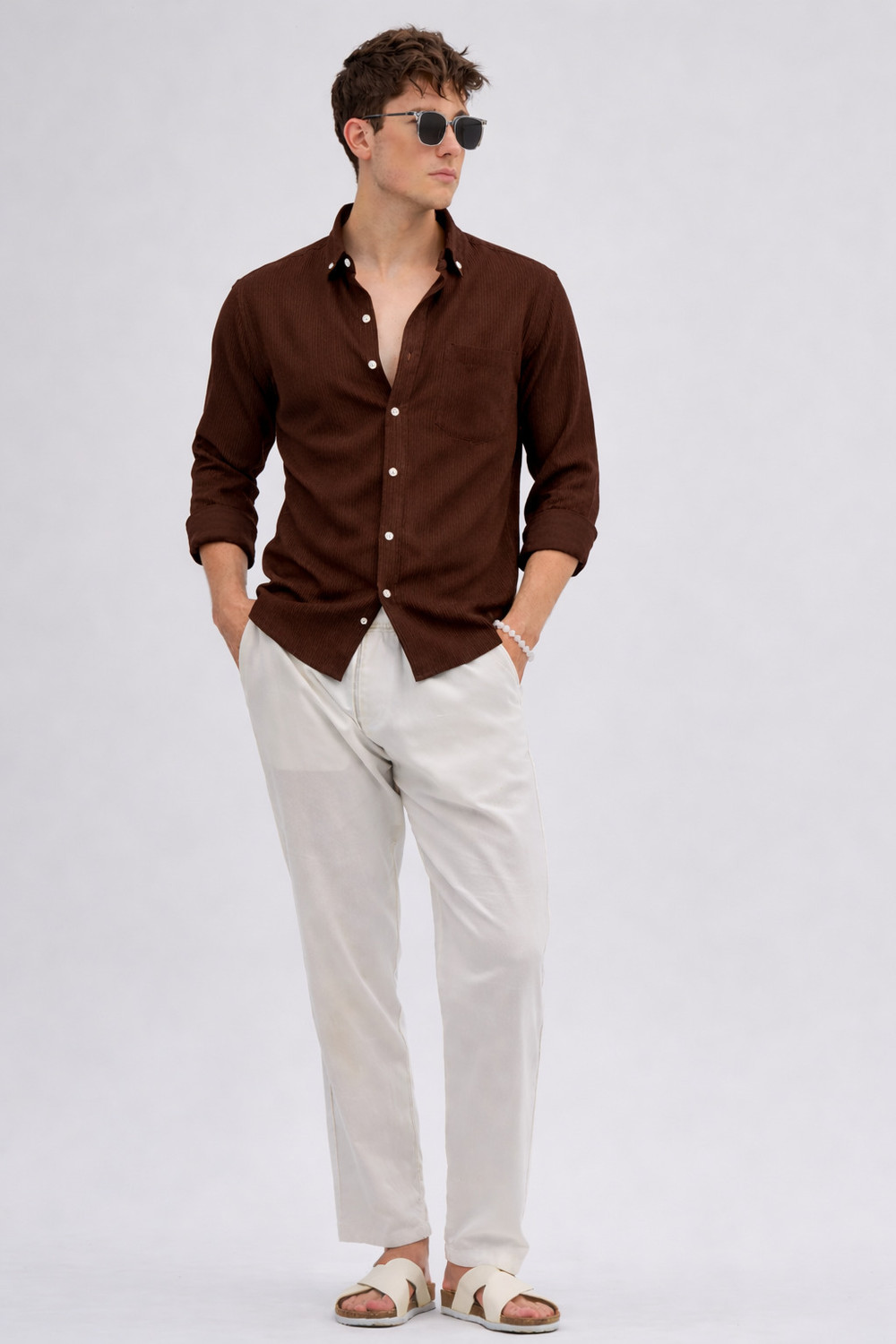 Image of COMBRAIDED Men Self Design Casual Brown Shirt