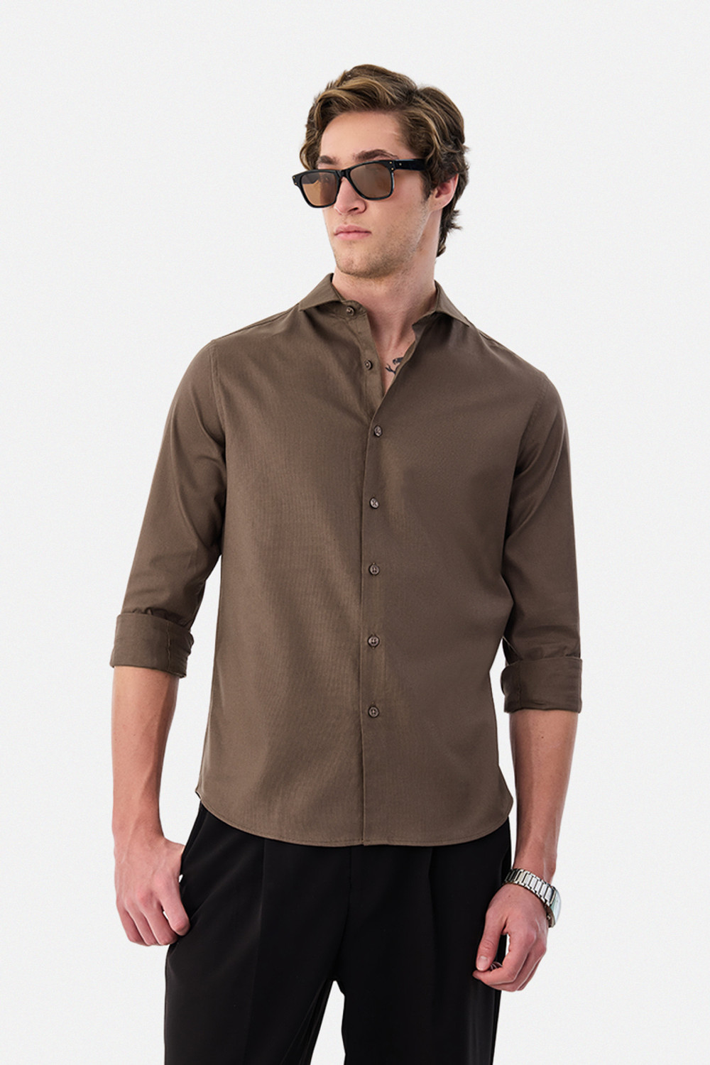 Image of Snitch Men Solid Formal Brown Shirt