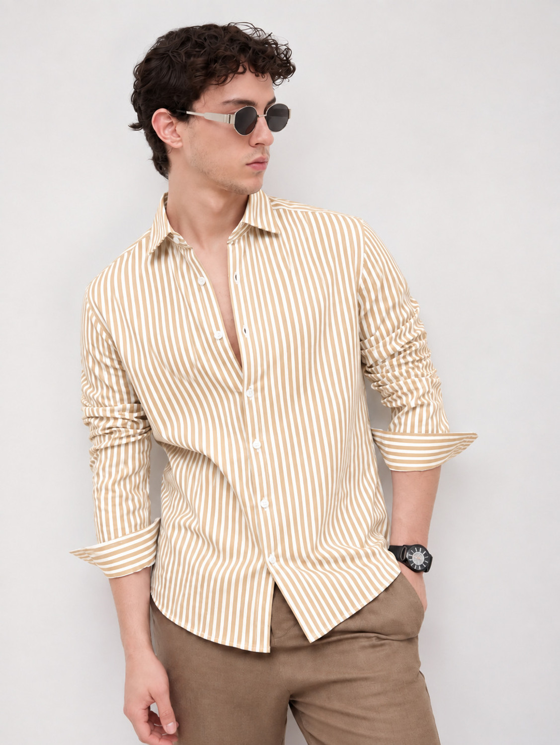 Image of CAMBREEN Men Regular Fit Striped Spread Collar Casual Shirt