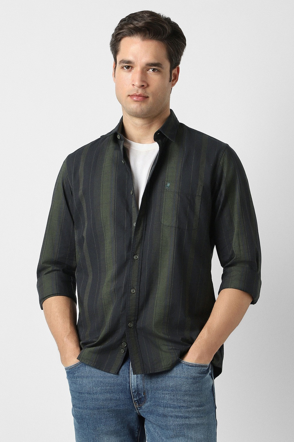 Image of PETER ENGLAND Men Striped Casual Green Shirt