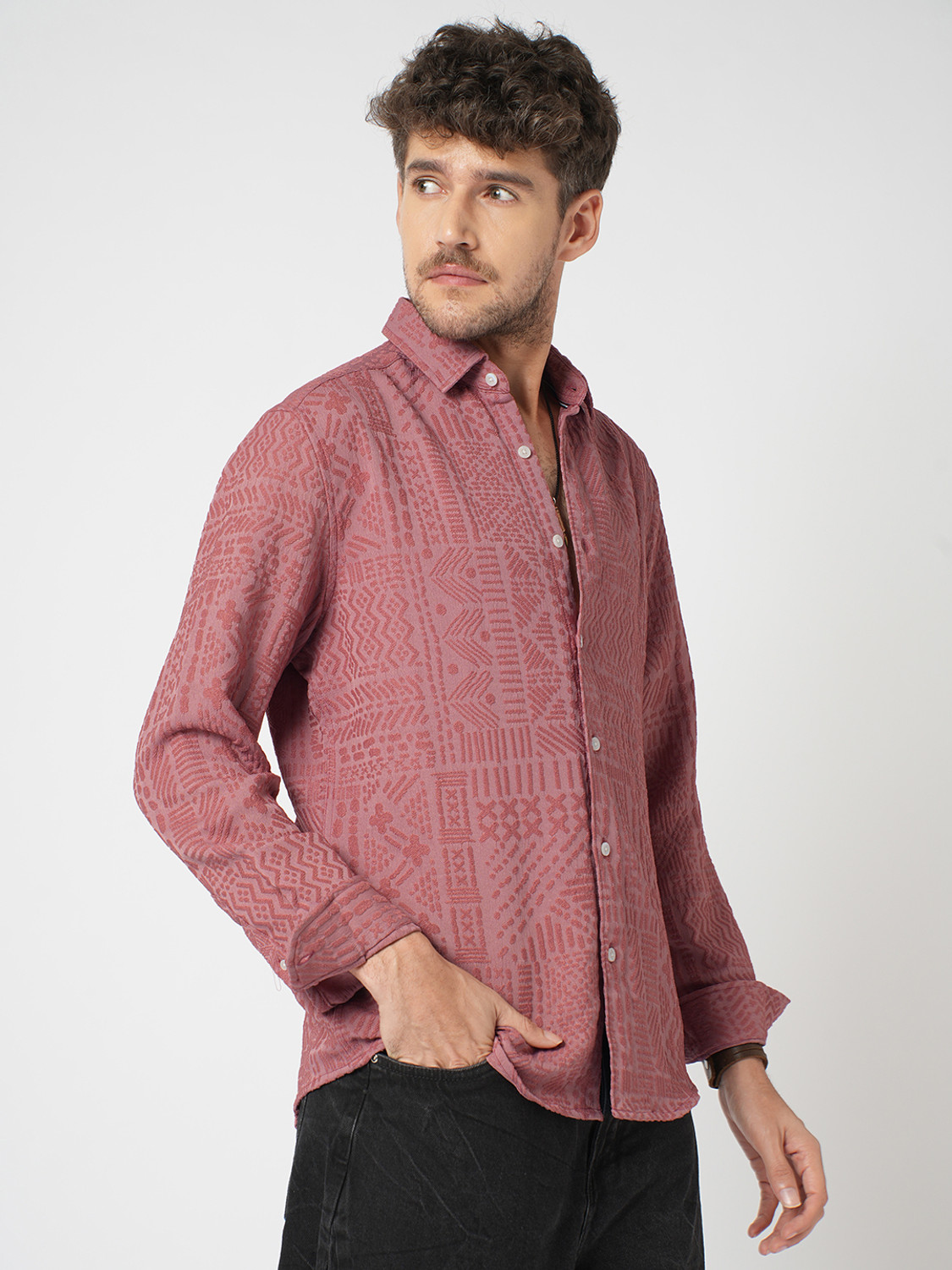 Image of VASTRADO Men Self Design Casual Pink Shirt