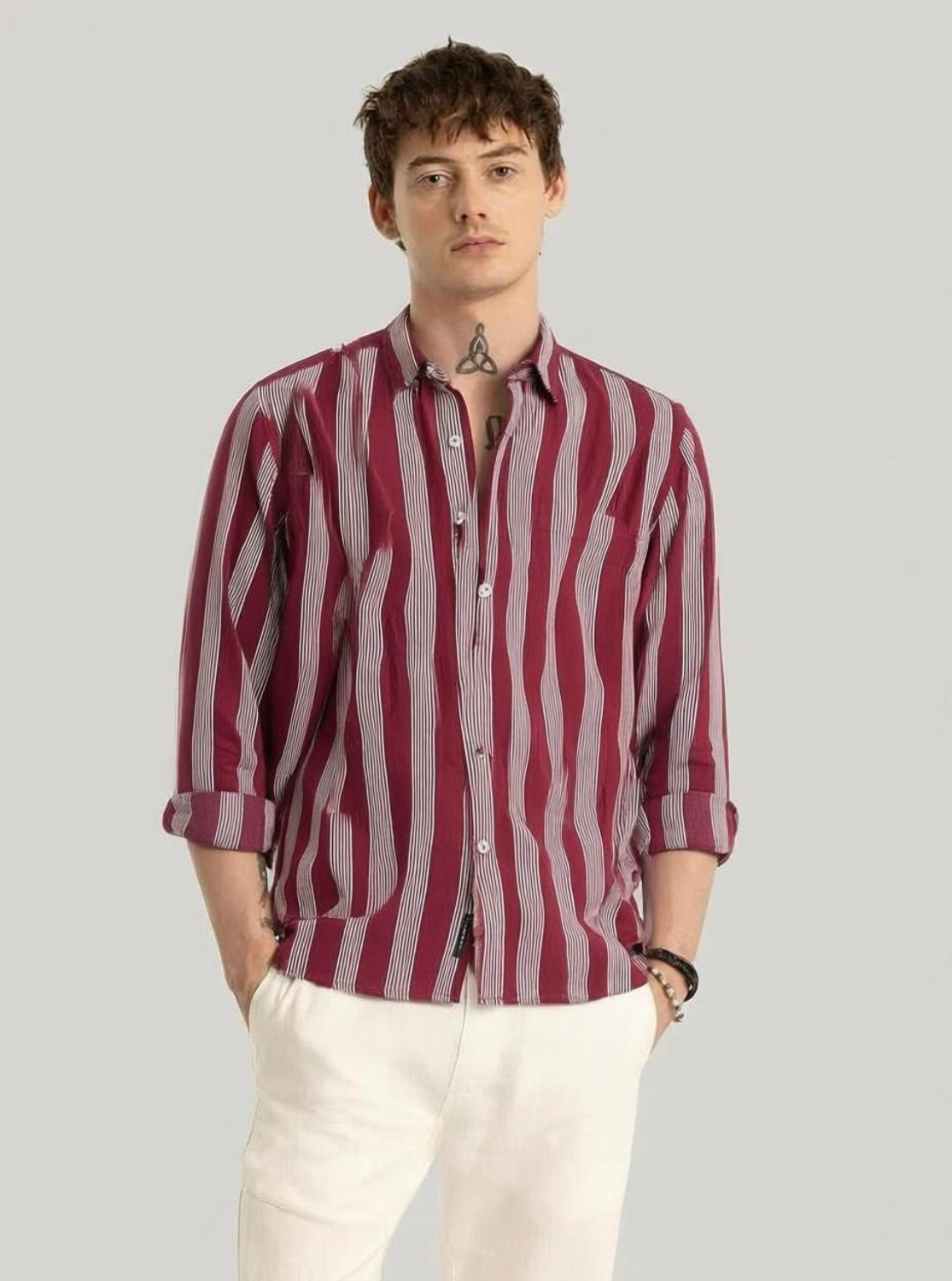 RODEIZ Men Striped Casual Maroon, White Shirt