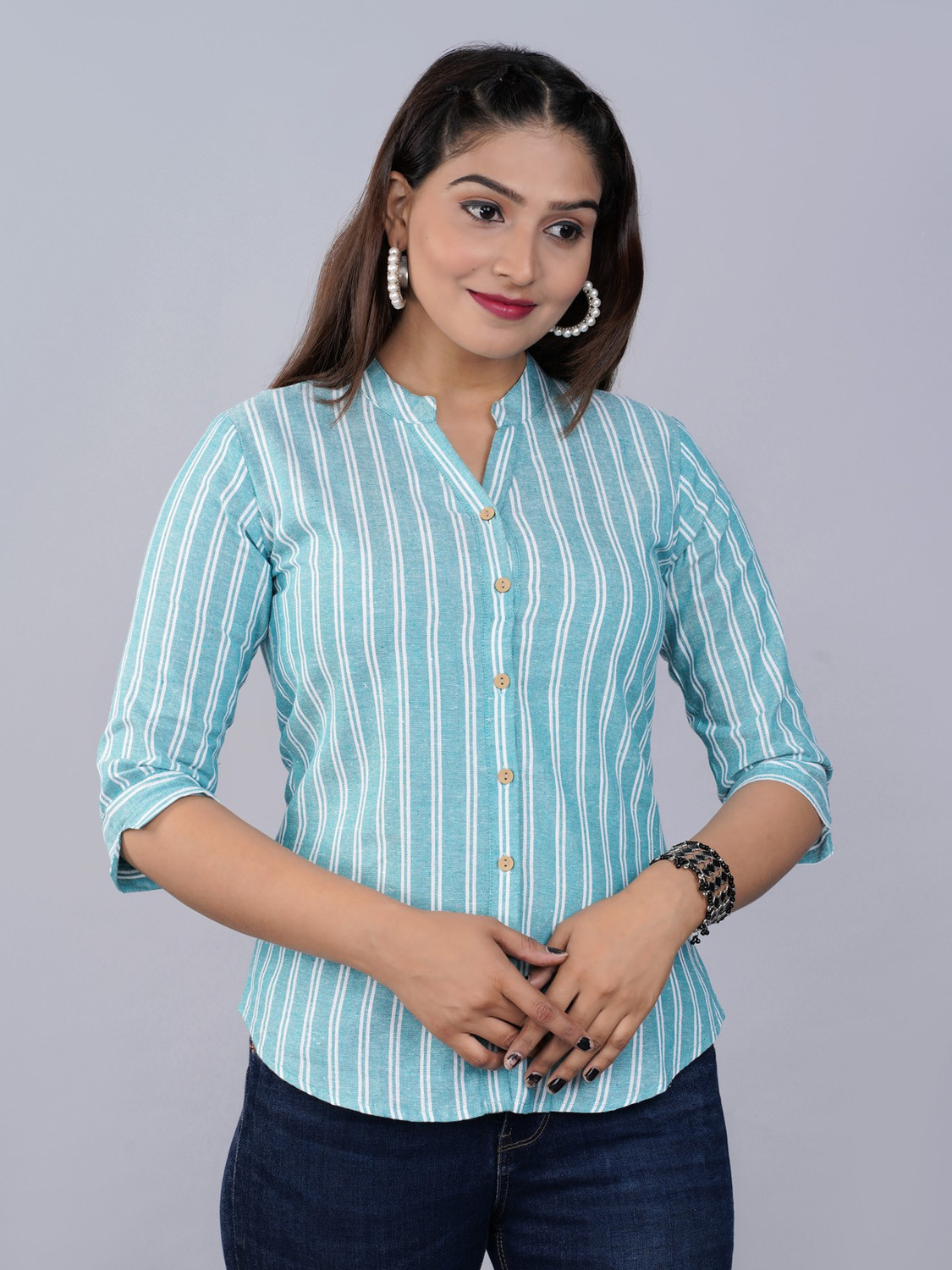 Image of FABISHO Women Striped Casual Light Blue Shirt
