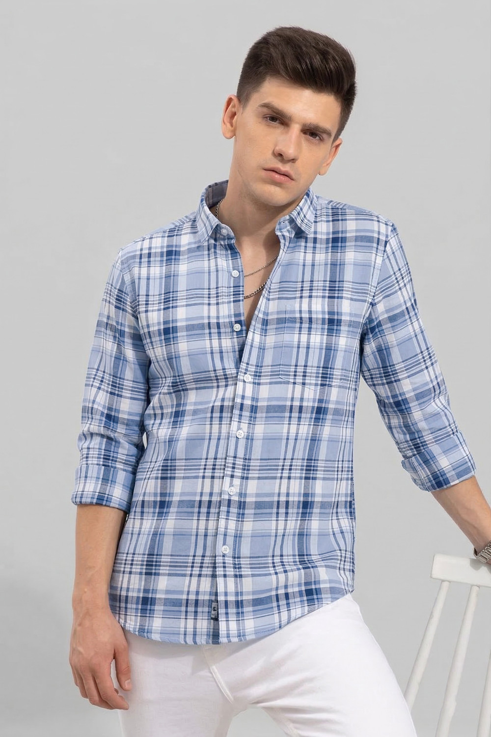 Image of R.Code by The Roadster Life Co. Men Checkered Casual Light Blue, White Shirt