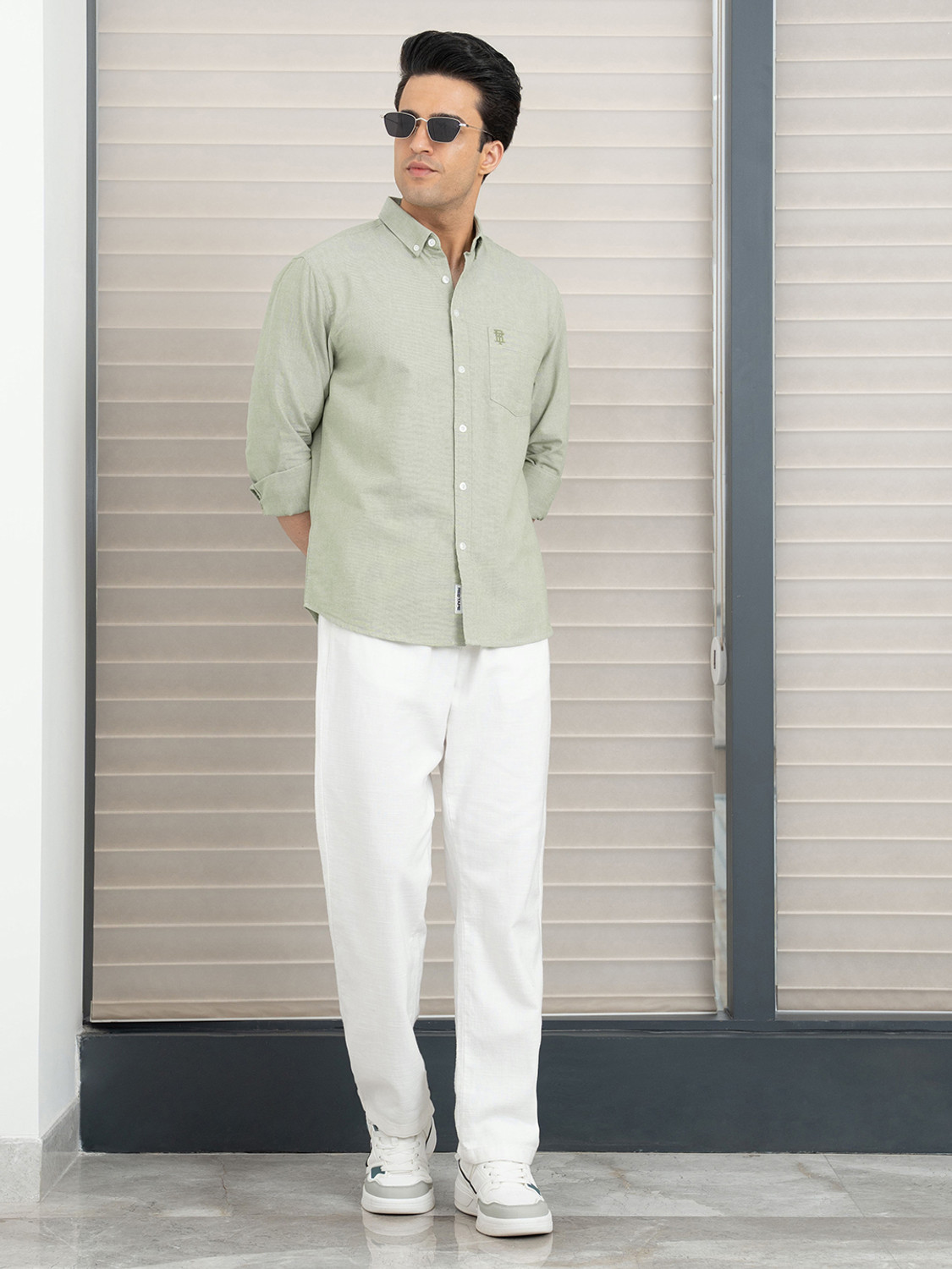 Image of RED TAPE Men Self Design Casual Green Shirt